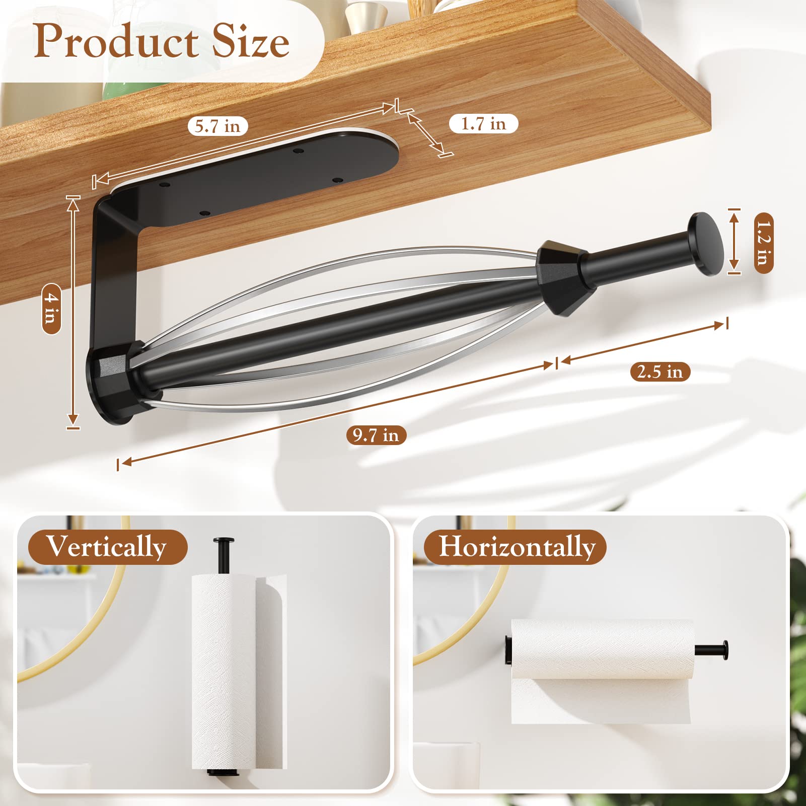 Paper Towel Holder Under Cabinet, Single Hand Operable Wall Mount With Damping Effect, Self-Adhesive Or Drilled Paper Roll Holde