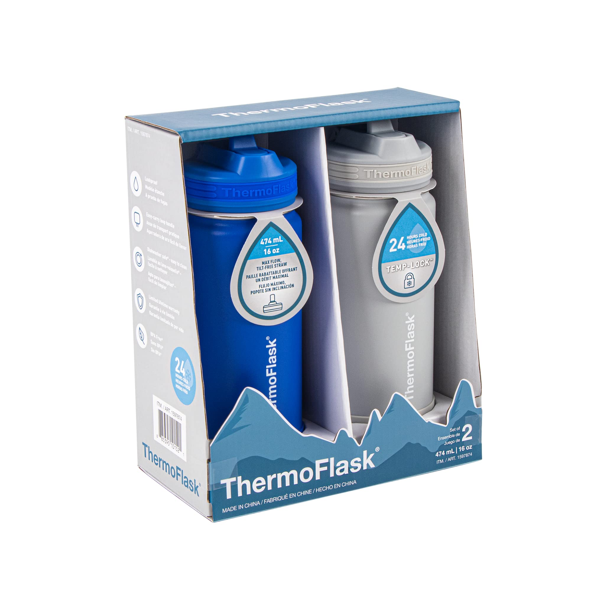 Thermoflask 16 Oz Double Wall Vacuum Insulated Stainless Steel 2-Pack Of Water Bottles, Blueberry/Wolf Grey