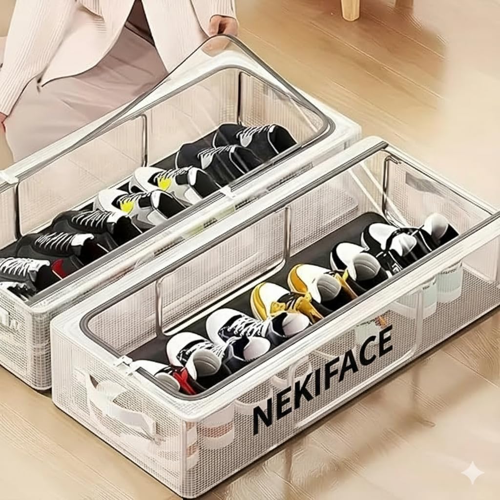 Nekiface Shoe Storage Box, Shoe Organizer For Closet, Clear Plastic Stackable Shoe Boxes, Space Saving Foldable Sneaker Shoe Rac