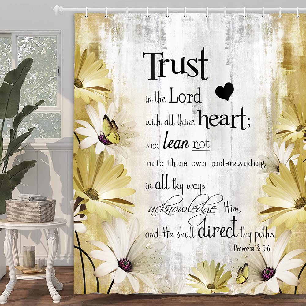 Rustic Farmhouse Yellow Shower Curtain Bible Verse Inspirational Shower Curtain Country Farm Bright Beige Daisy Flowers Butterfl