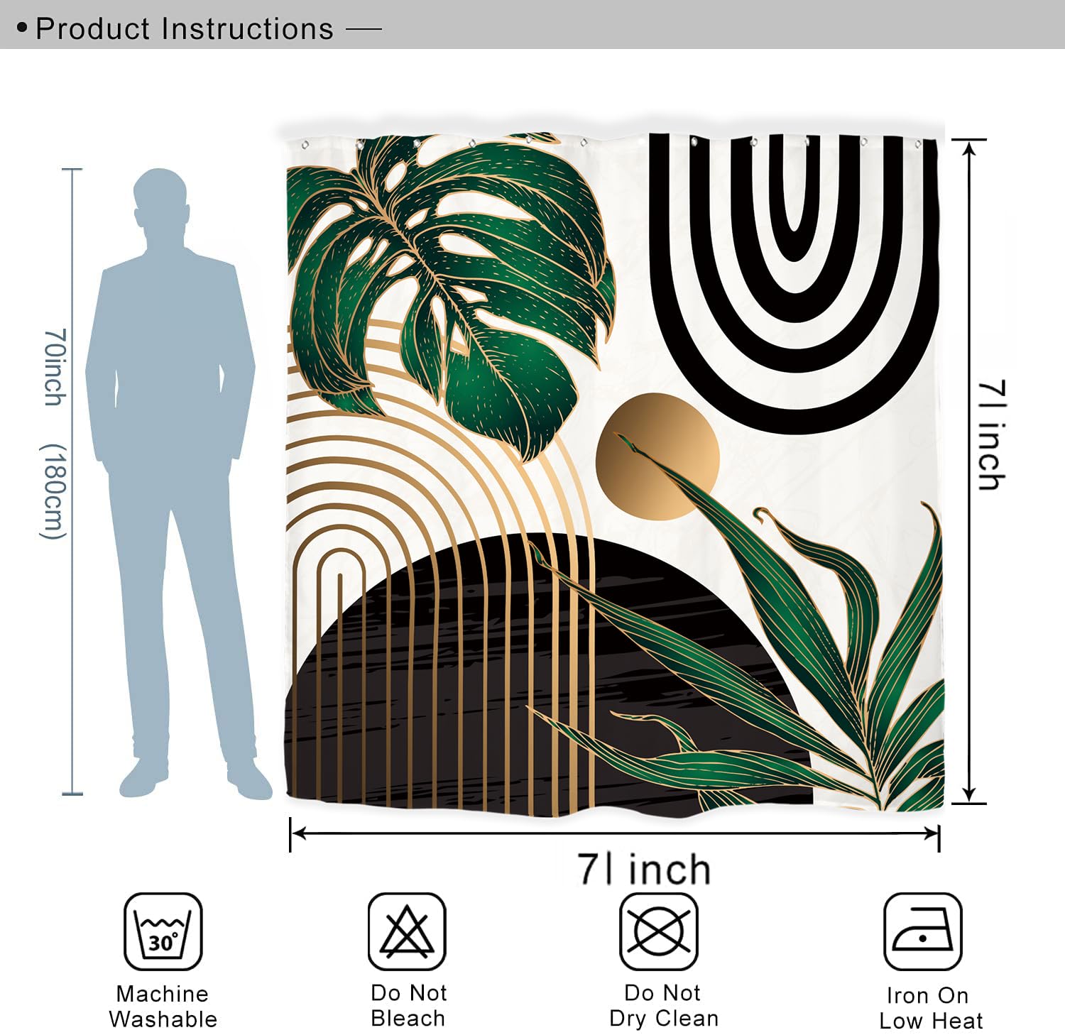 Miyotaa Abstract Emerald Green Shower Curtain Set 71Wx71H Inches Mid Century Modern Minimalist Tropical Leaves Geometric Contemp