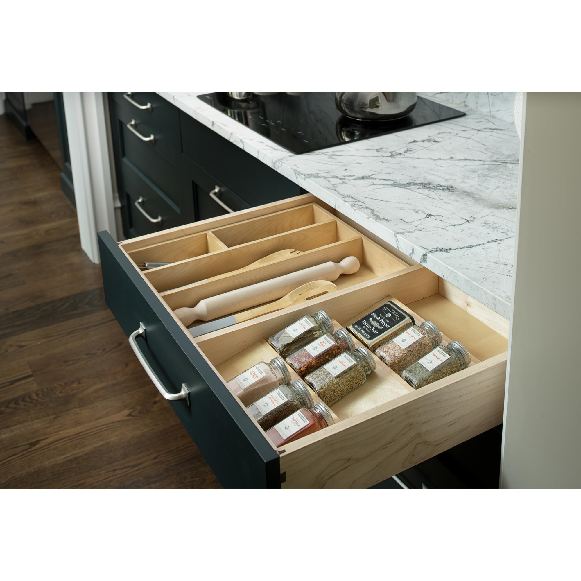 Rev-A-Shelf 16'' 3 Tiered Seasoning Organizer, Trim-To-Fit Wooden Kitchen Draw And Cabinet Home Storage Insert, Pull Out Spice R