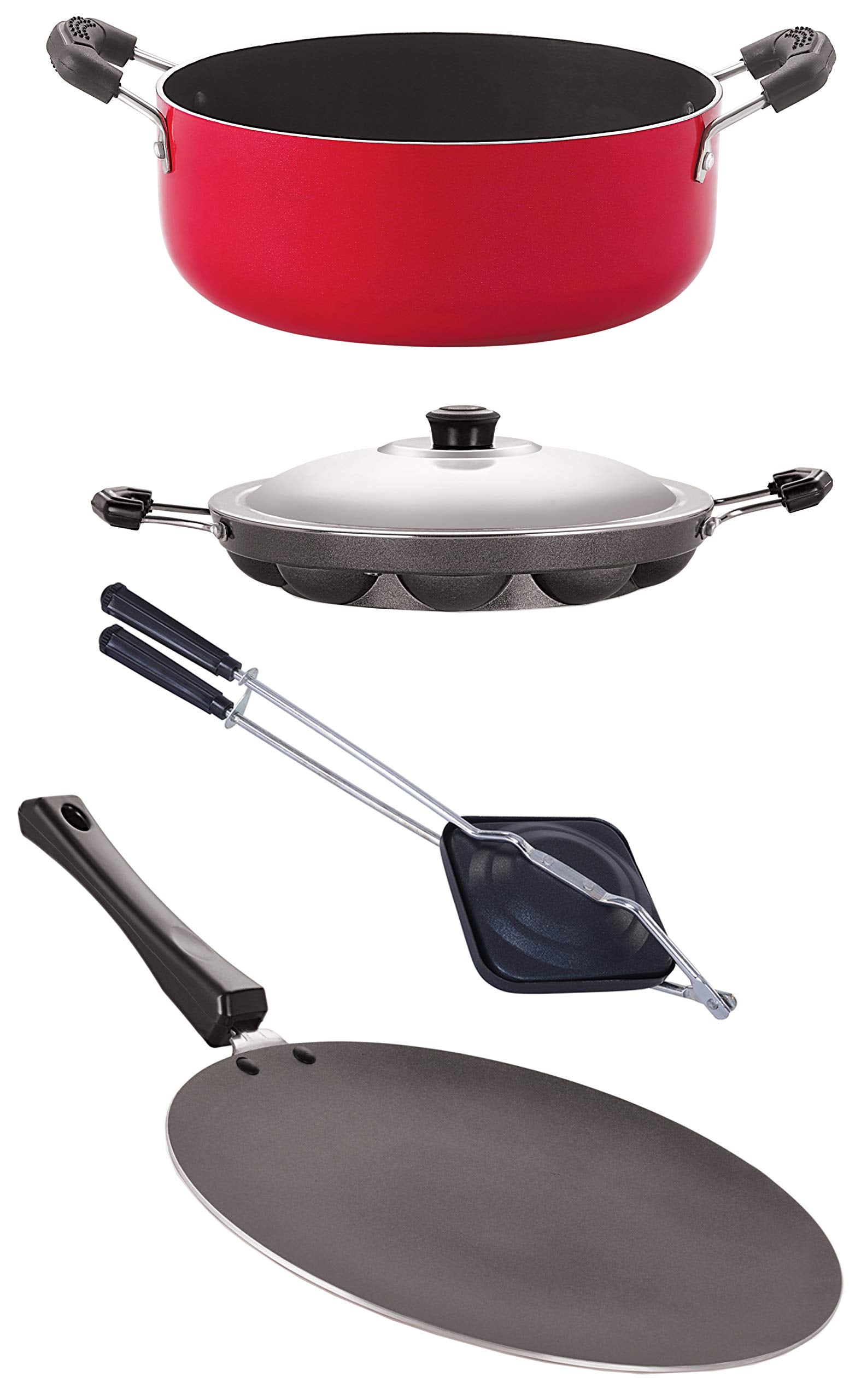 Nirlon Gas Compatible NonStick Aluminium Cookware 4 Pieces Set, Red/Black (Concave Tawa 28.5Cm + Appam Steel Lid 12 Cavity + Ha