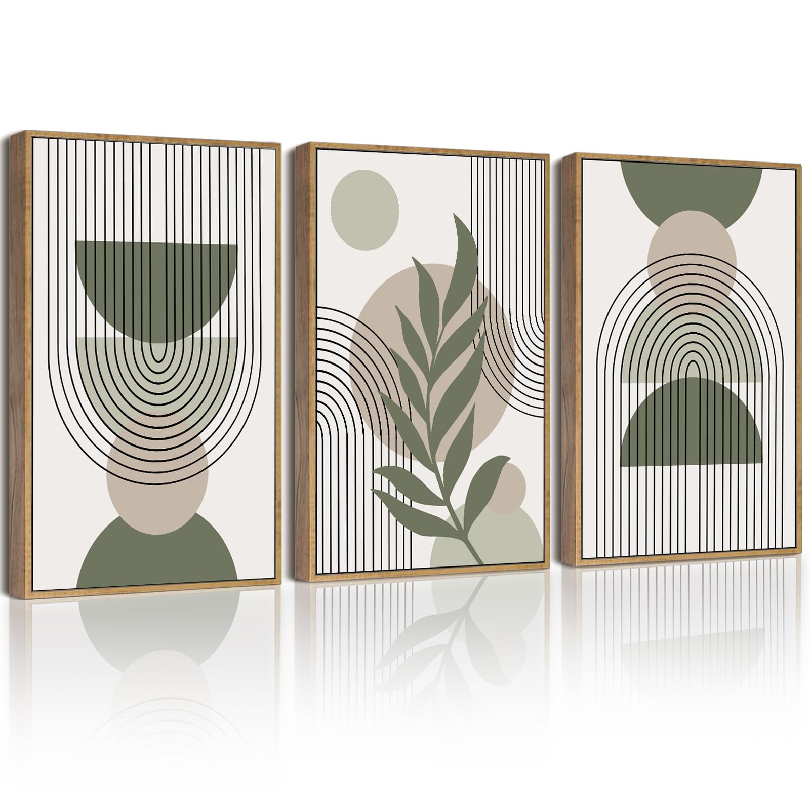 Drsoum 12x16in Boho Wall Art Green Sage Decor Framed Wood Modern Bohemian Abstract Geometry Canvas Prints Ready to Hang