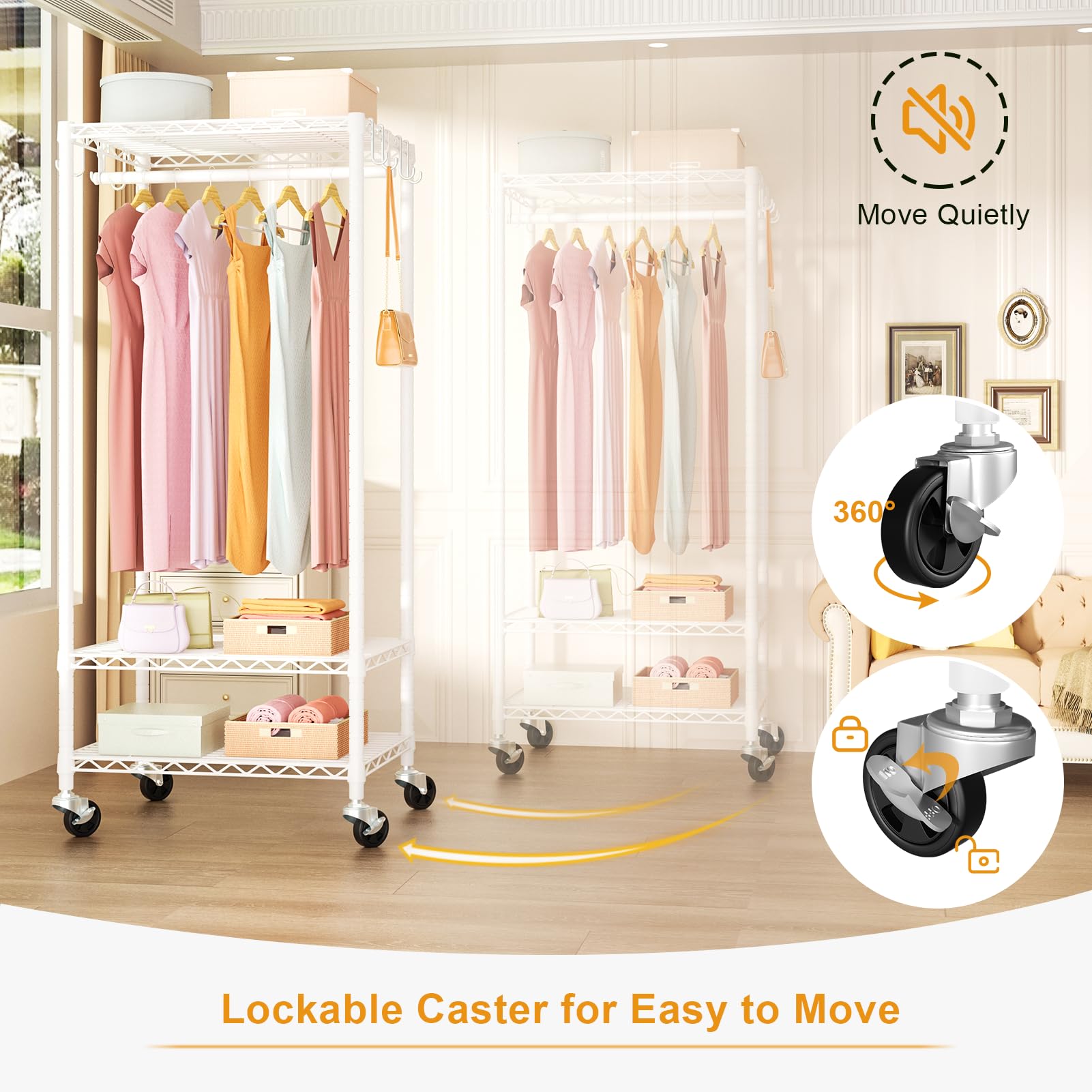 Futassi P6 Mini Rolling Clothes Rack Heavy Duty, Clothing Racks For Hanging Clothes, Freestanding Garment Rack With Wheels, Port