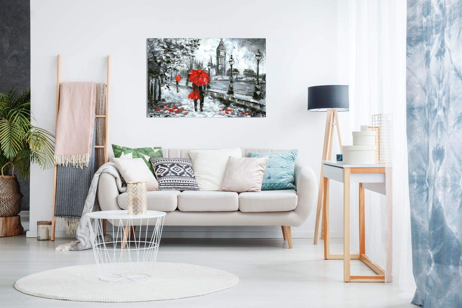 Oil Painting Street View London Black White & Red Big Ben Canvas Wall Art Print (36X24In)