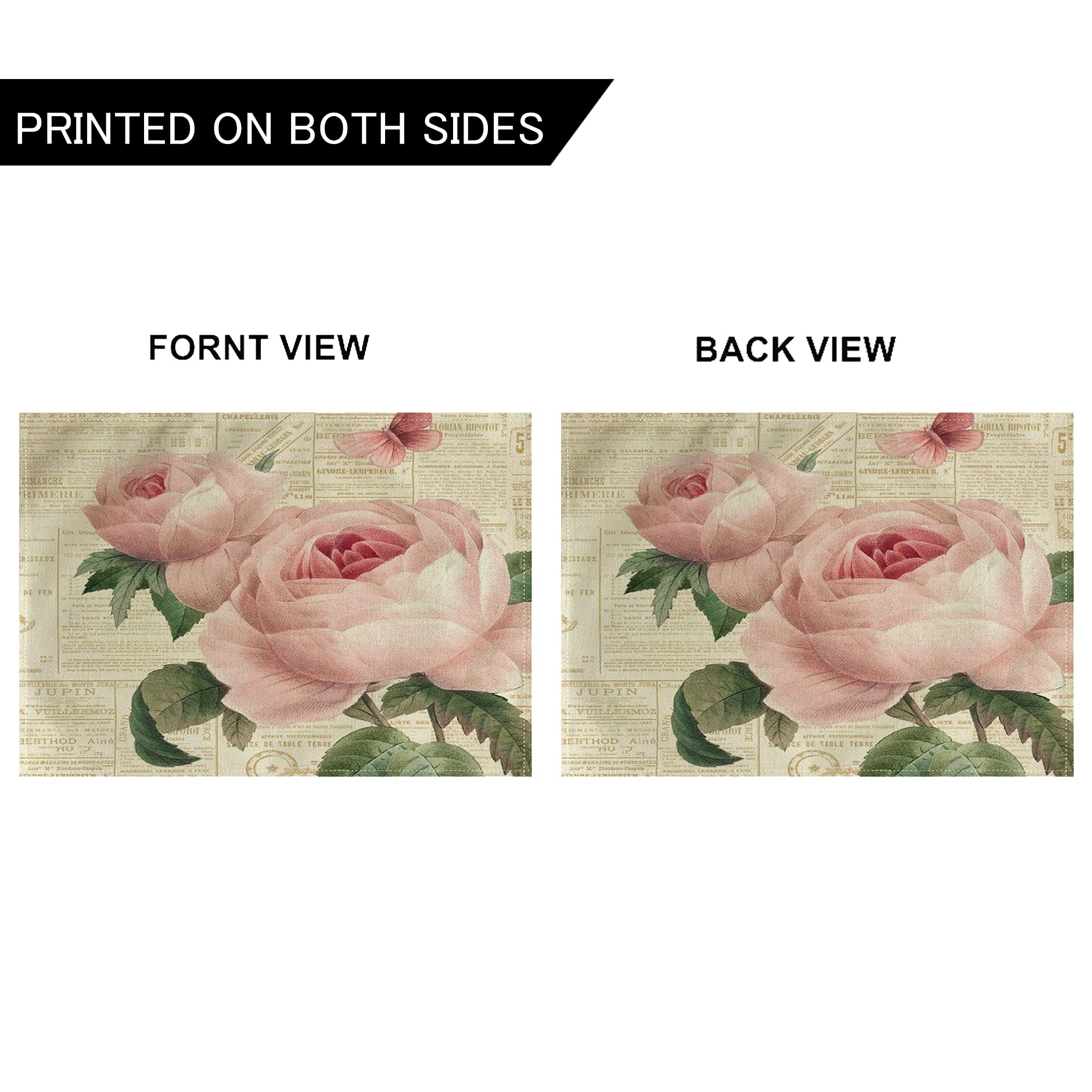 Rose Flower Table Mats Set Of 4 Vintage Shabby Chic Peach Pink Rose Floral Placemats Waterproof Heat Resistant Washable Non-Slip