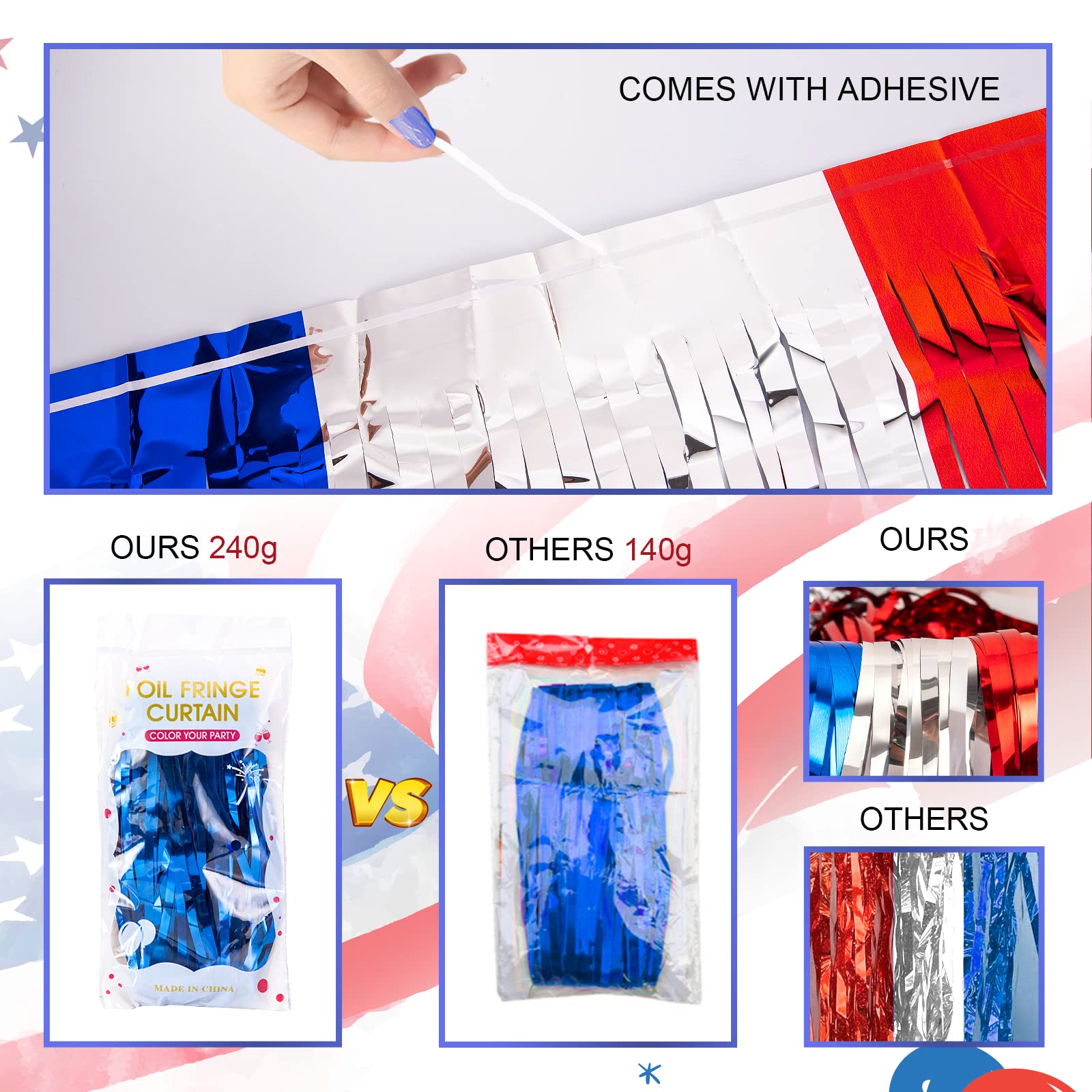 Lolstar 4Th Of July Decorations,Red White Blue 3 Pack America Tinsel Foil Fringe Curtains,4Th Of July Photo Booth Prop Streamer