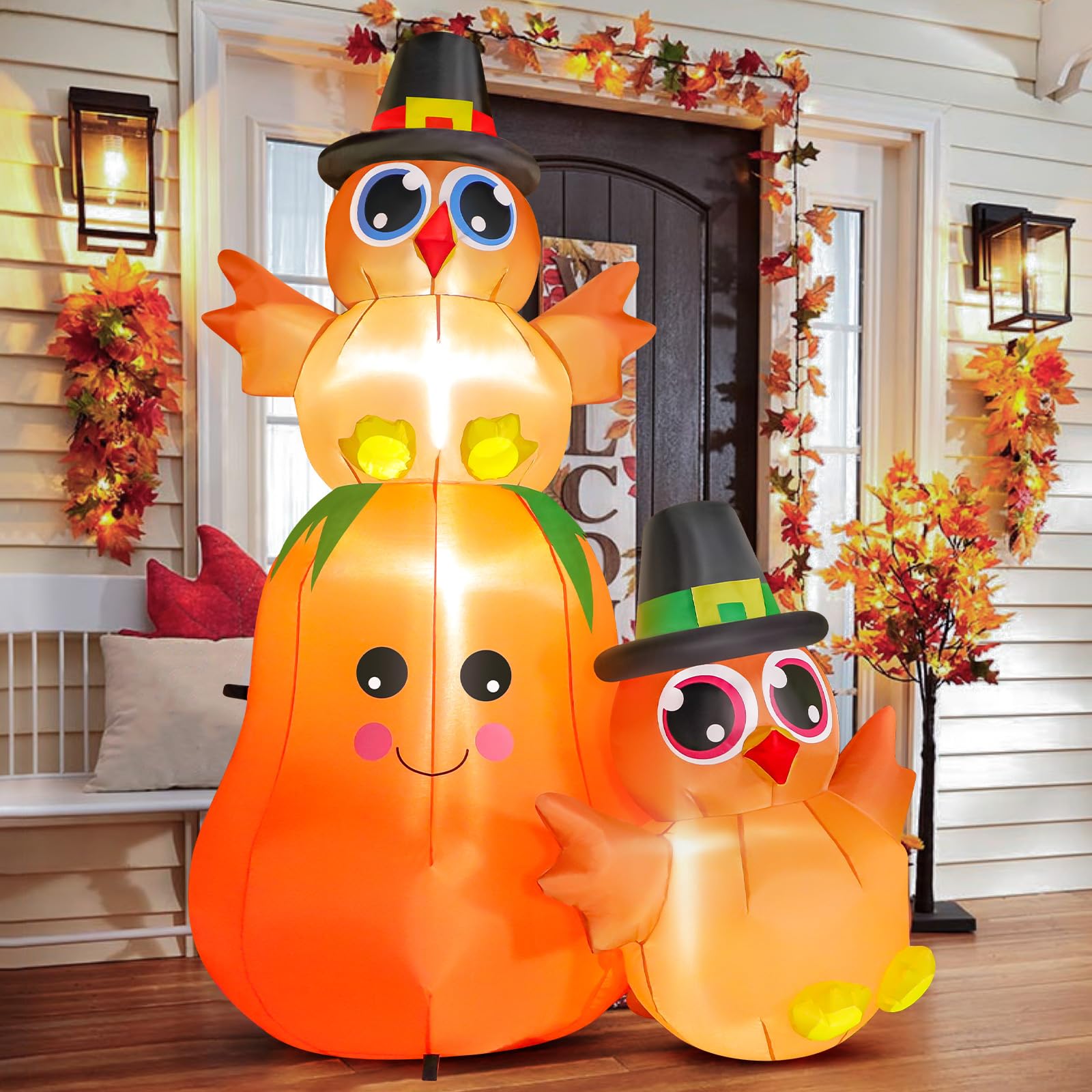 FunFanso 5FT Thanksgiving Inflatable Turkey on Pumpkin Outdoor Decoration, Lovely Blow Up Turkey with Built-in LED Lights for Ga