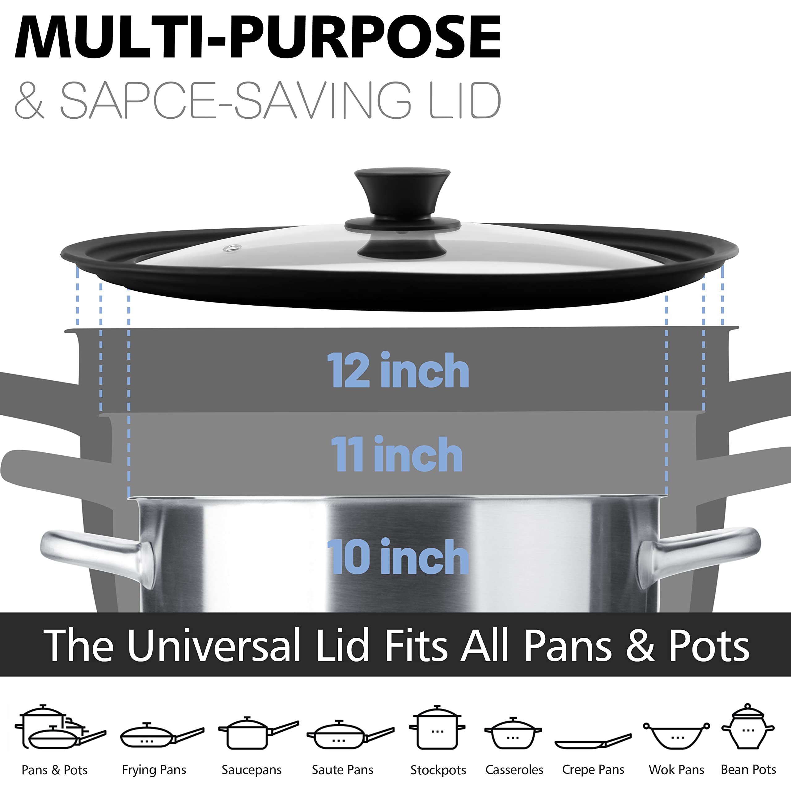 Anaeat Silicone Universal Lid For Pots, Pans And Skillets - Tempered Glass Covered With Heat Resistant Silicone Rim Fits 10, 11