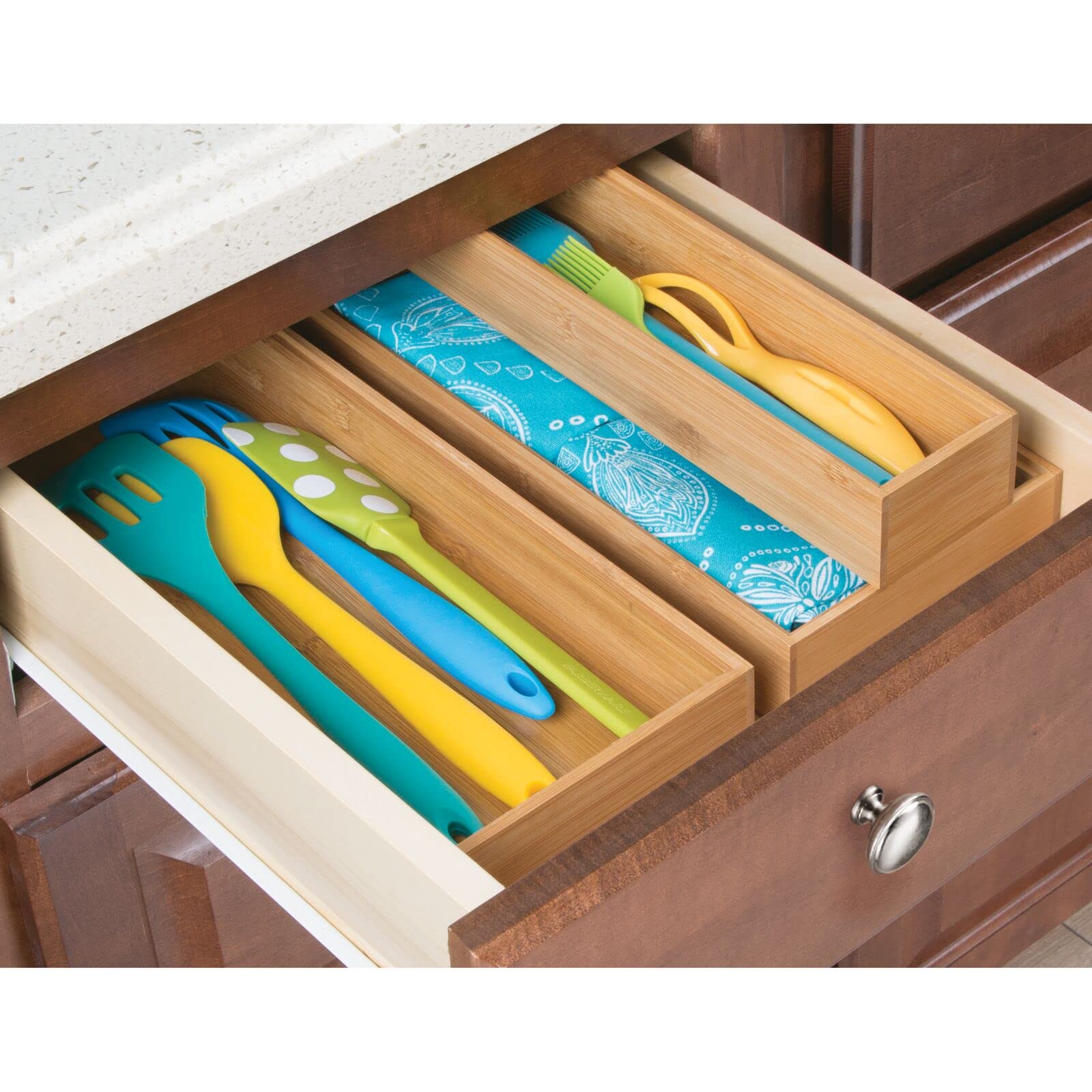 Mdesign Wooden Bamboo Drawer Organizer - 15'' Long Stackable Storage Box Tray For Kitchen Drawers/Cabinet - Utensil, Silverware,