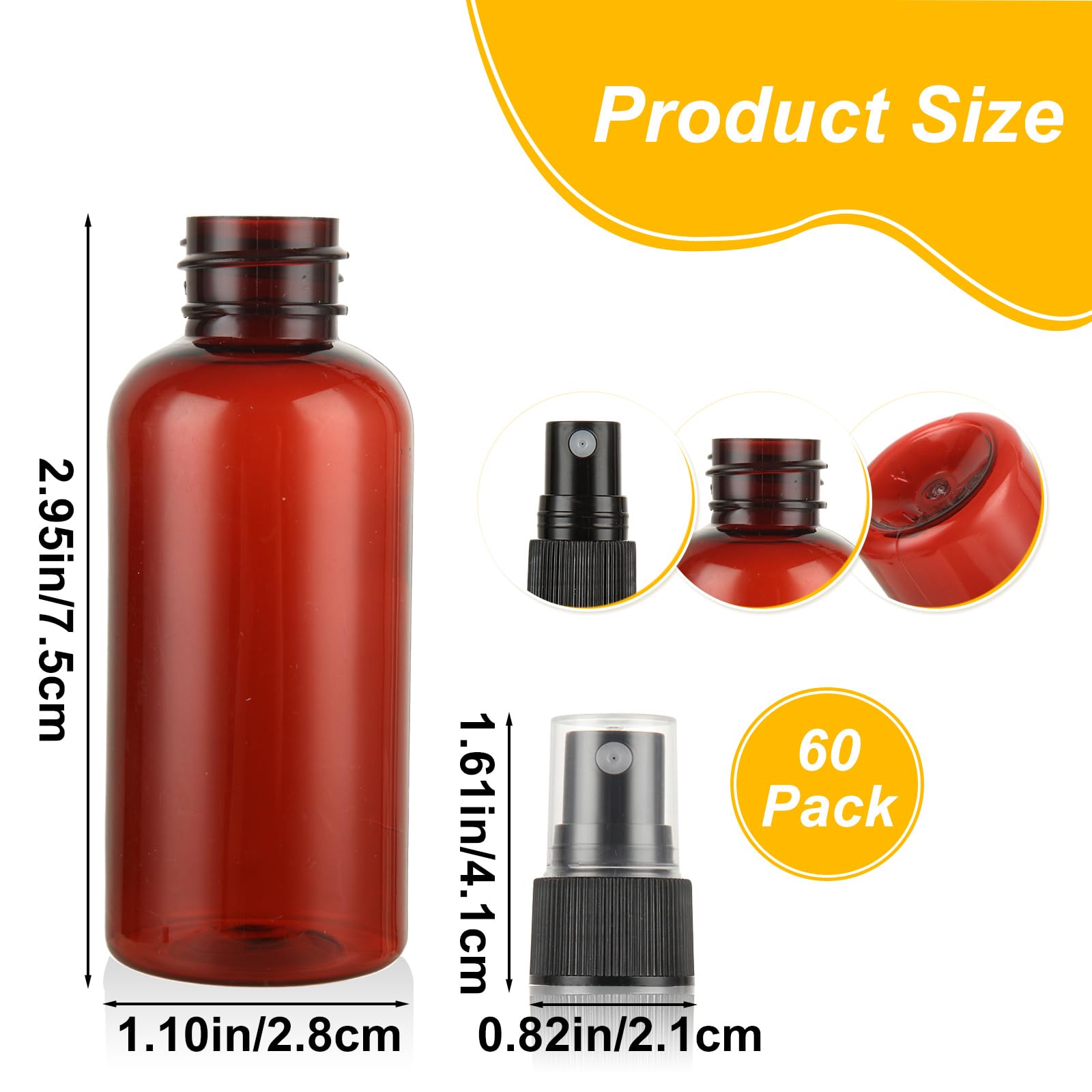 Gbachoose 60 Pack Mini Amber Spray Bottle 1 Oz Small Amber Spray Bottle With Small Fine Mist Spray And Plastic Cap, Refillable F