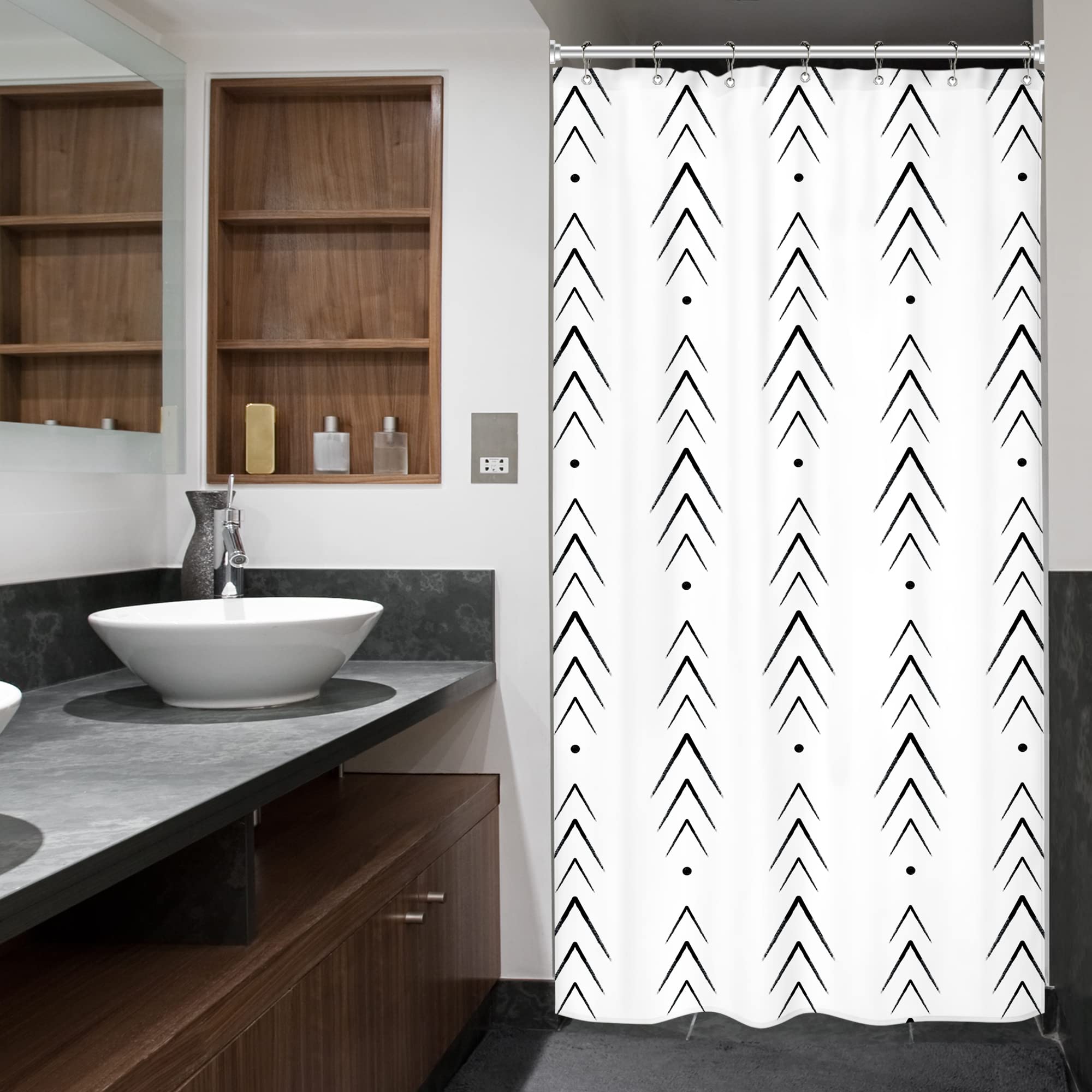 Riyidecor Boho Black White Stall Small Half Size Dorm Shower Curtain 36X72 Inch Single Narrow Herringbone Zig Zag Chevron Modern