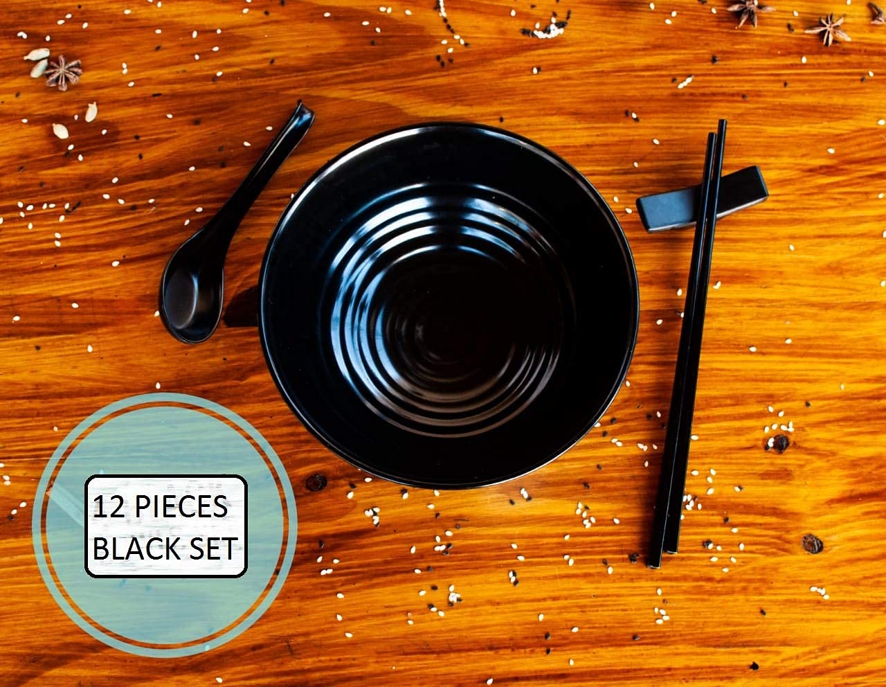 12 Pieces Ramen Set: 4 Black Spoons, 4 Chopsticks And 4 Stand Rest. Asian Soup Spoons. Unbreakable Melamine Made. Perfect For Ja
