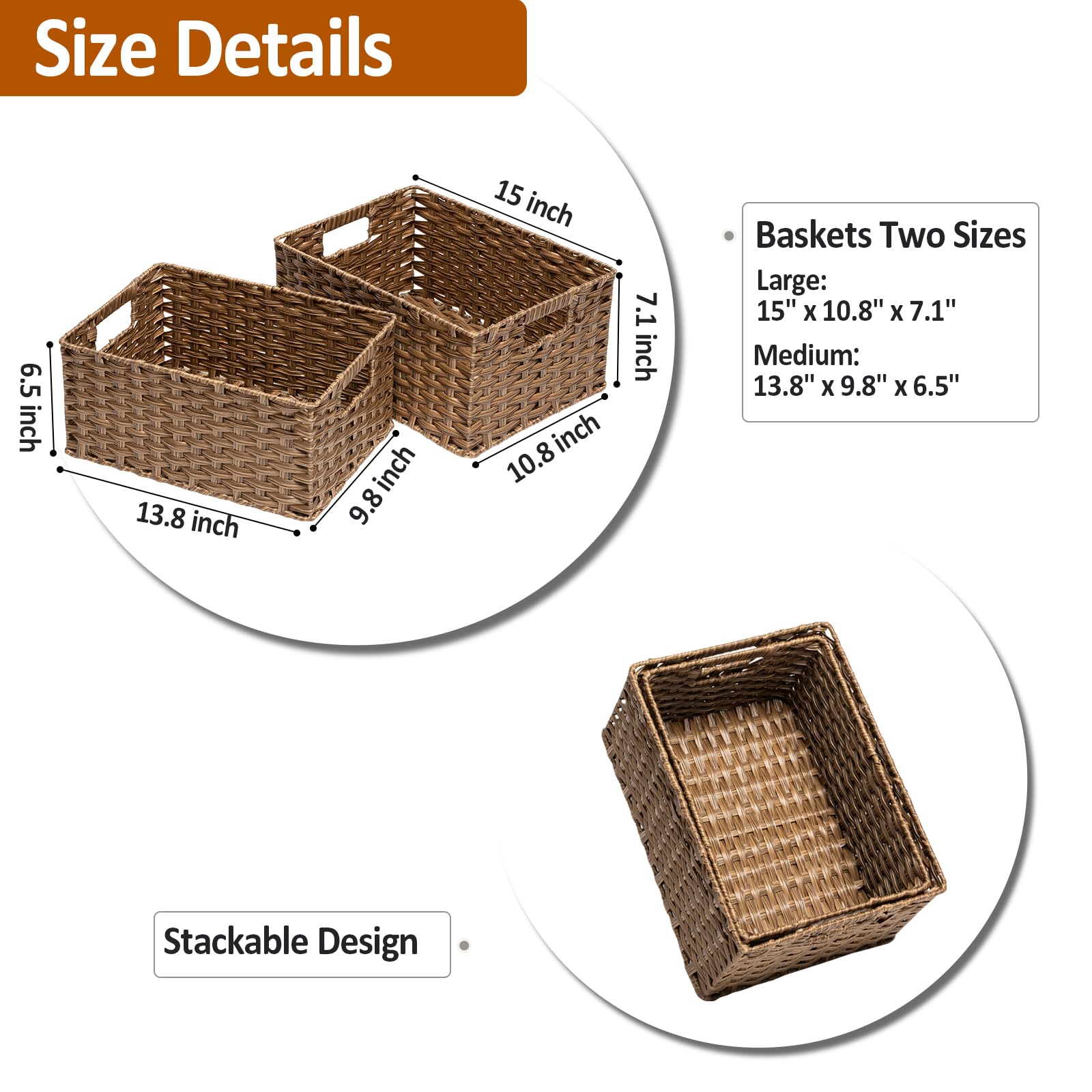 Rosos Wicker Baskets 2 Pack, Wicker Storage Basket With Handles, Large Wicker Baskets For Storage, Waterproof Wicker Baskets For