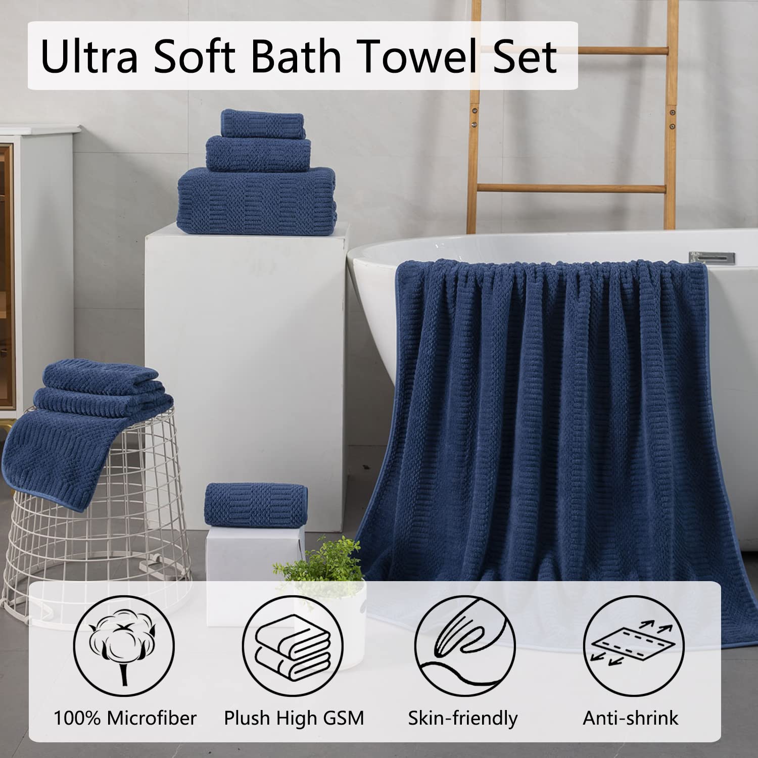 8 Piece Oversized Navy Bath Towel Set-2 Extra Large Bath Towel Sheets 2 Hand Towels 4 Washcloths-600GSM Soft Highly Absorbent Quick Dry Beach Chair Towels Woven Towels for Bathroom Hotel and Spa