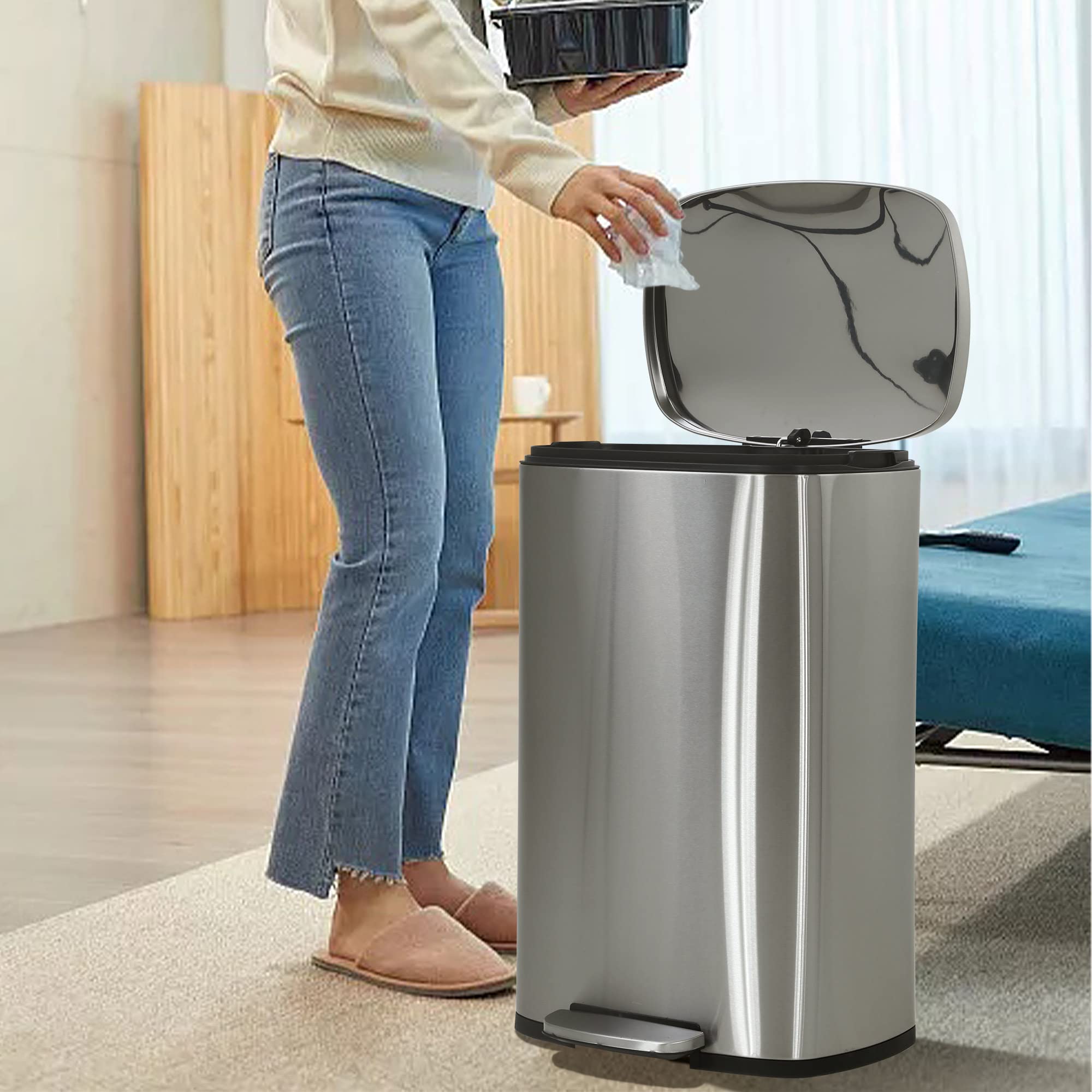 Biqwbic 50 Liter / 13 Gallon Kitchen Trash Can, Stainless Steel With Lid, Foot Pedal And Inner Bucket, Fingerprint-Resistant Sof