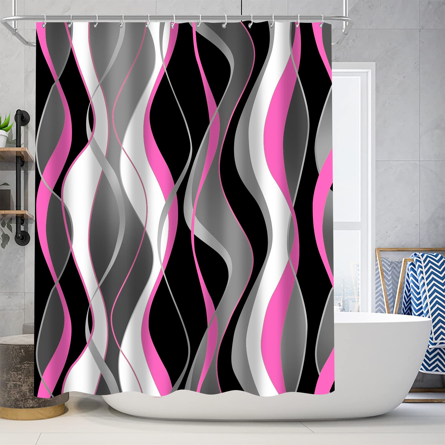 Nkzply 4 Pcs Pink And Black Striped Shower Curtain Set Grey And White Bathroom Sets With Shower Curtain And Rugs Modern Home Bat