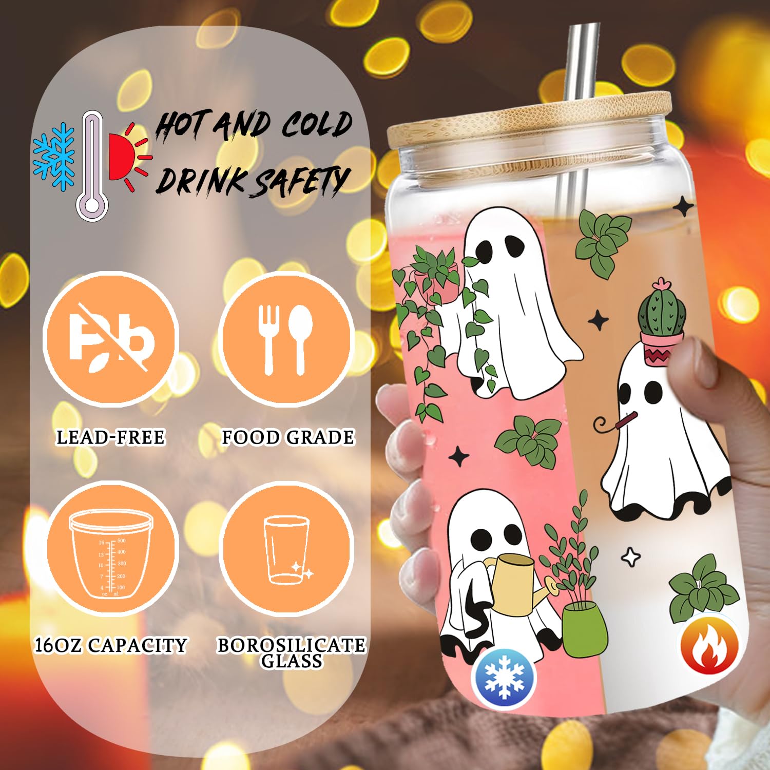 JYPLKCMT Halloween Plant Ghost Cup, Cute Halloween Mug Gifts Basket for Plant Lovers, 16 oz Iced Coffee Tumbler with Lid and Str