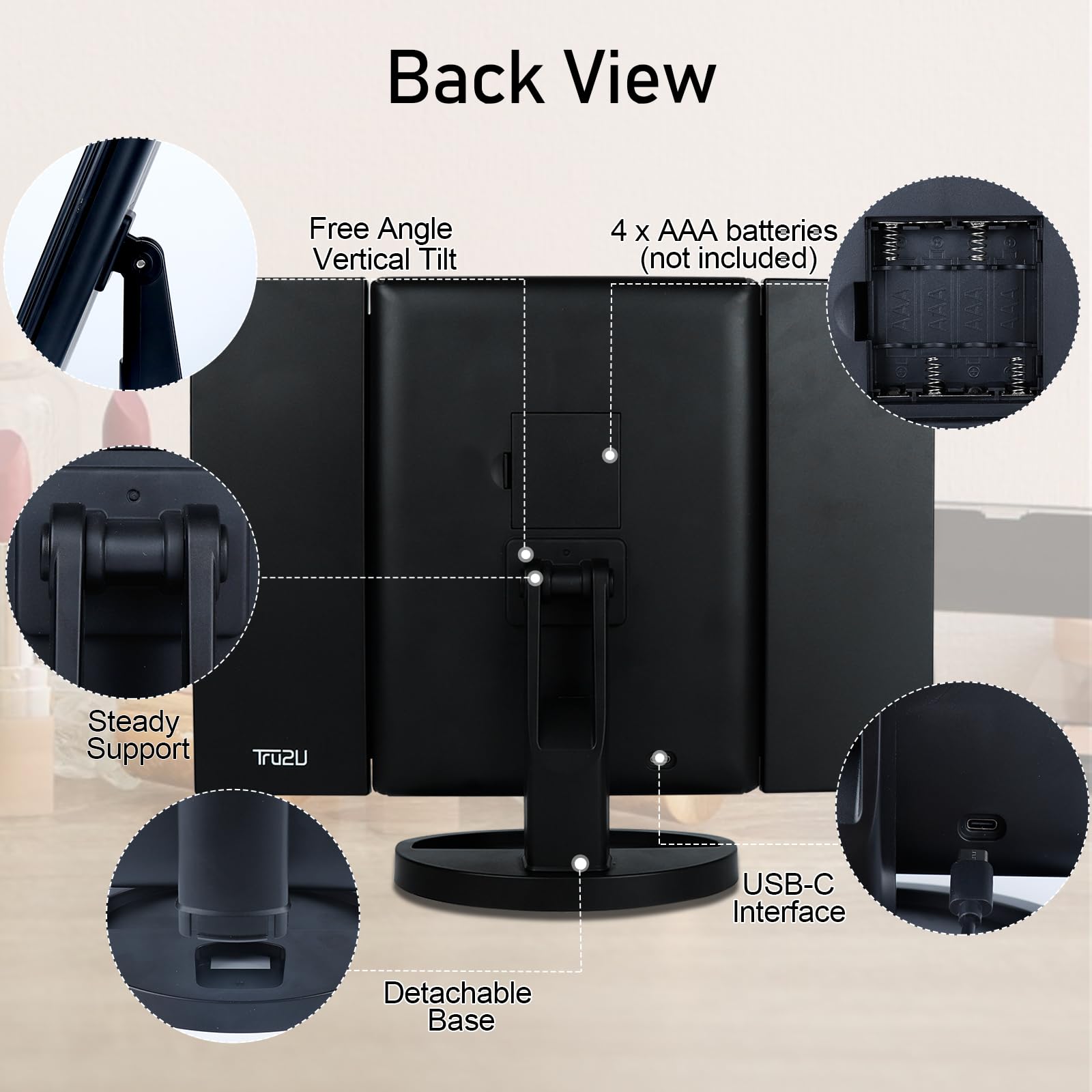 Tru2U Vanity Makeup Mirror With Lights And Magnification, 3 Way Mirror, Trifold Portable Mirror, 1X 2X 3X Magnification, Two Pow