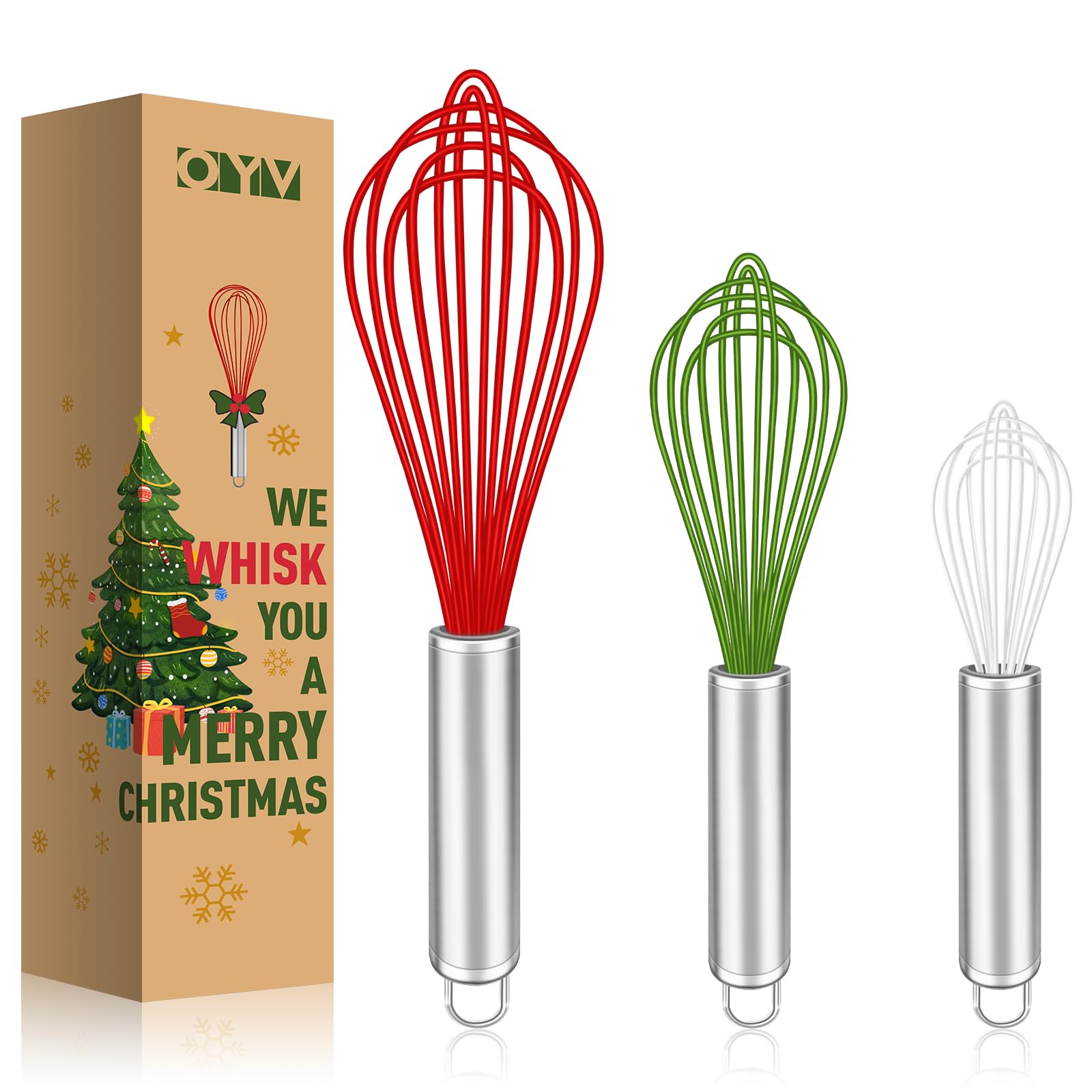 OYV Christmas Whisk Set - 3 Sizes (12   , 10   , 8   ) - Holiday Red, Green & White Stainless Steel Whisks for Baking, Cooking &