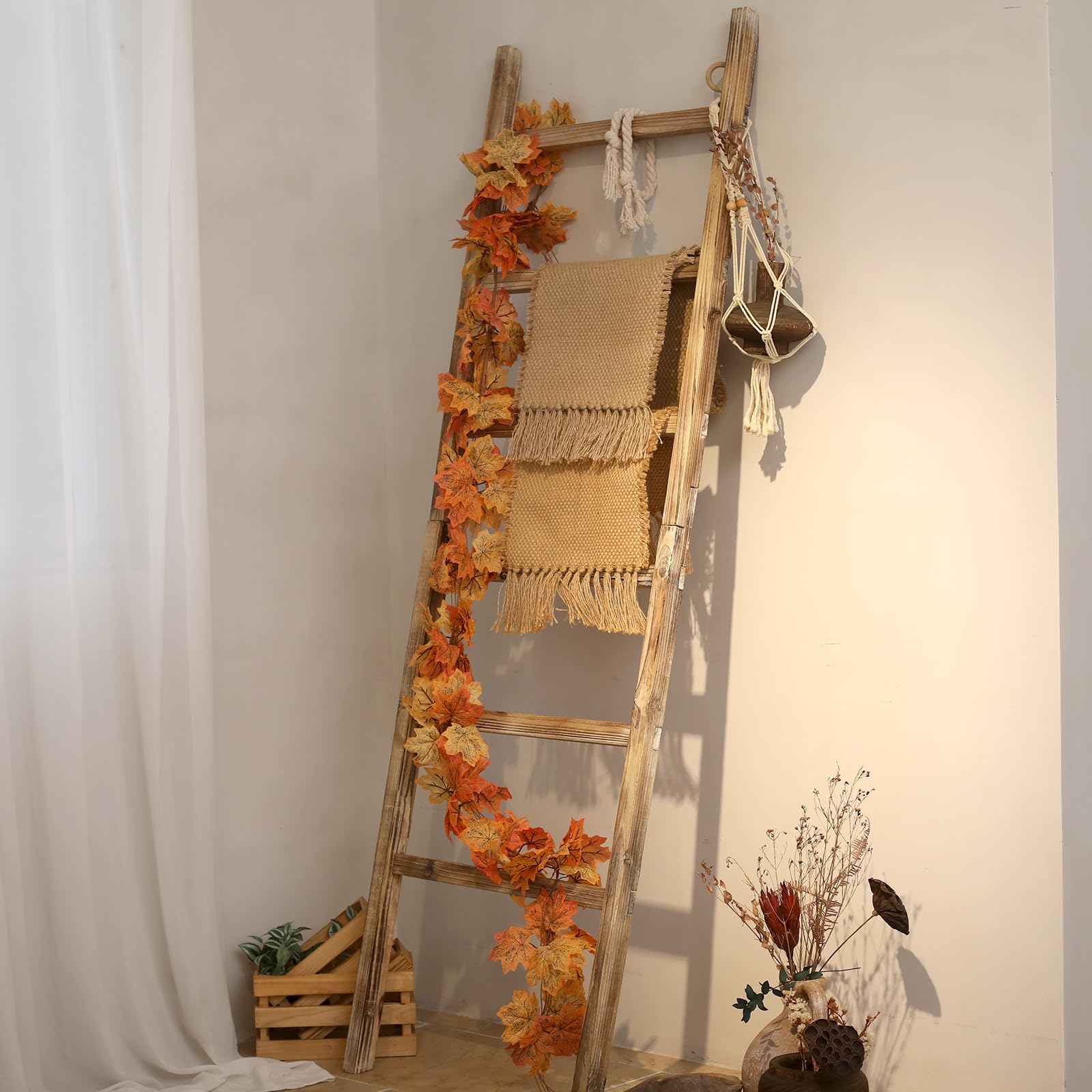 Fuin 6.4Ft Extra Wide Wooden Blanket Ladder Living Room Decorative Wal Leaning Farmhouse Quilt Display Holder Rustic Wood Towel