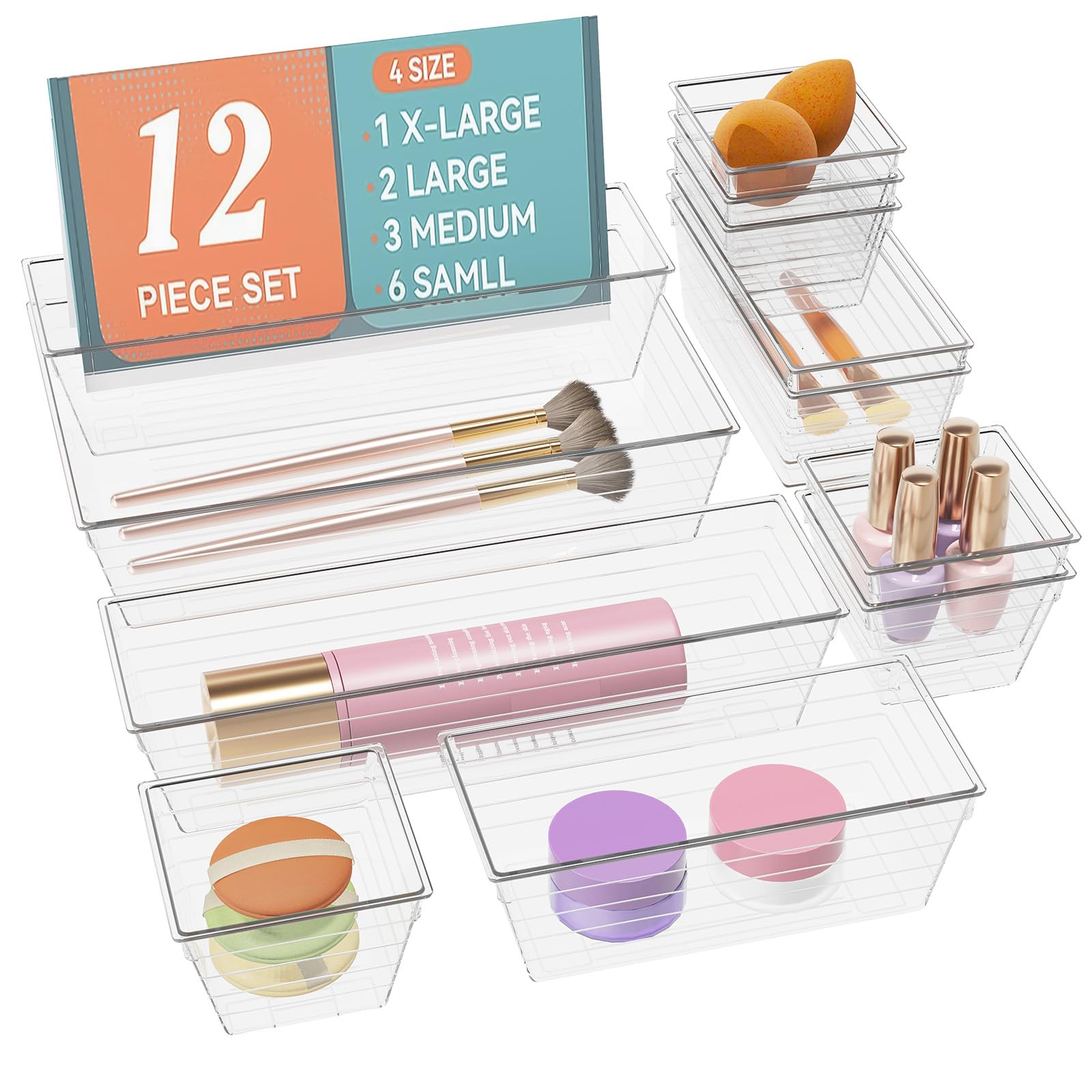 DCA 12 PCS Clear Plastic Drawer Organizer Set, 4 Sizes Makeup organizer, Vanity Organizer for Makeup, Stationery,Gadgets,Kitchen