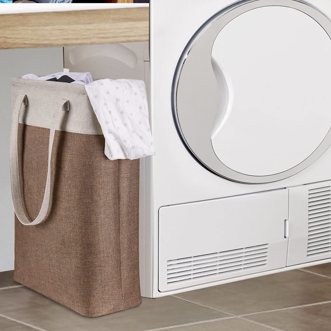 i BKGOO Laundry Basket with Handles Beige&Brown Slim Laundry Bin Collapsible Dirty Clothes Basket Narrow Laundry Bag Foldable Dirty Hamper for Camping  Dorms  Apartments