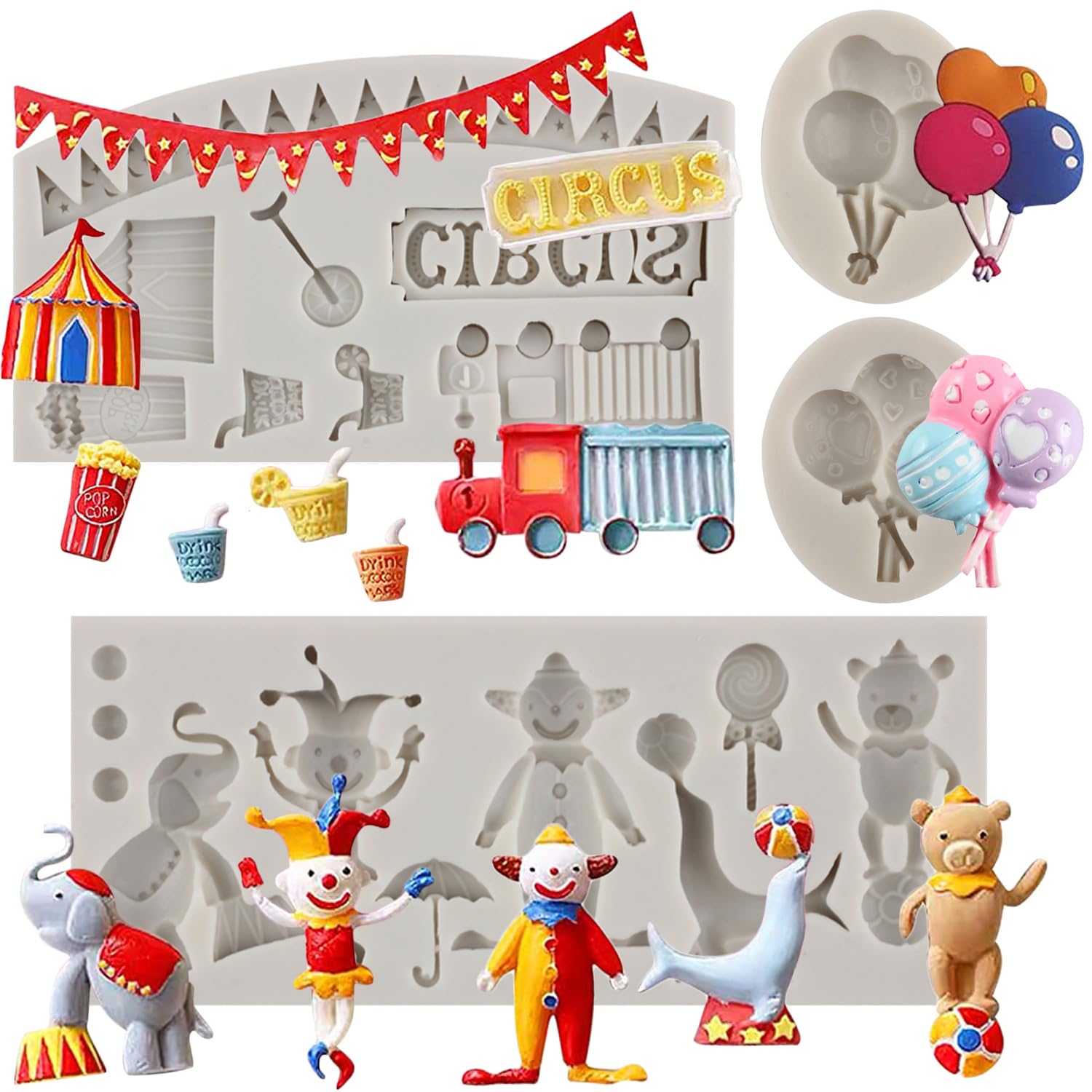 Sijiangmold Circus Fondant Silicone Molds Clown Elephant Chocolate Molds Theater Unicycle Balloon Mold For Cupcake Topper Cake D