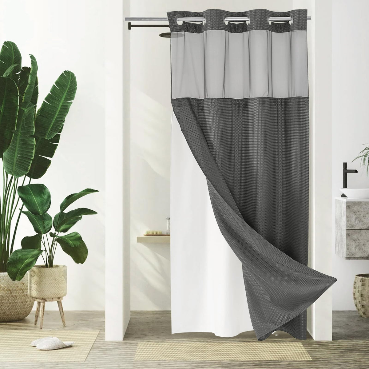 Gibelle Stall Small Shower Curtain 36X74, Waffle Weave Shower Curtain With Snap-In Fabric Liner Set, No Hooks Needed, Hotel Styl