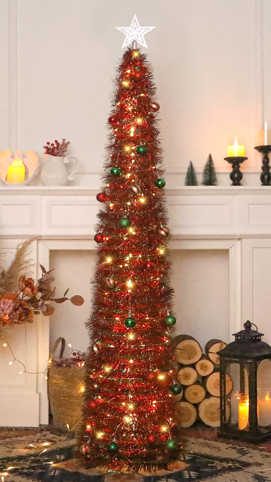 SINTENILL 5 FT Pop Up Christmas Tree with Timer Lights and Decorations, Red Tinsel Artificial Christmas Tree with 24 Balls Ornam