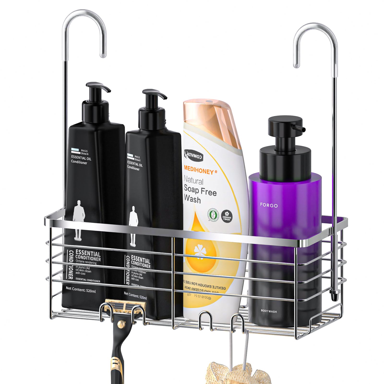 Shanshui Shower Hanging Caddy, Bathroom Shower Organizer Basket, Shampoo Bracket, Over Door Shower Rack With Hooks, 304 Stainles