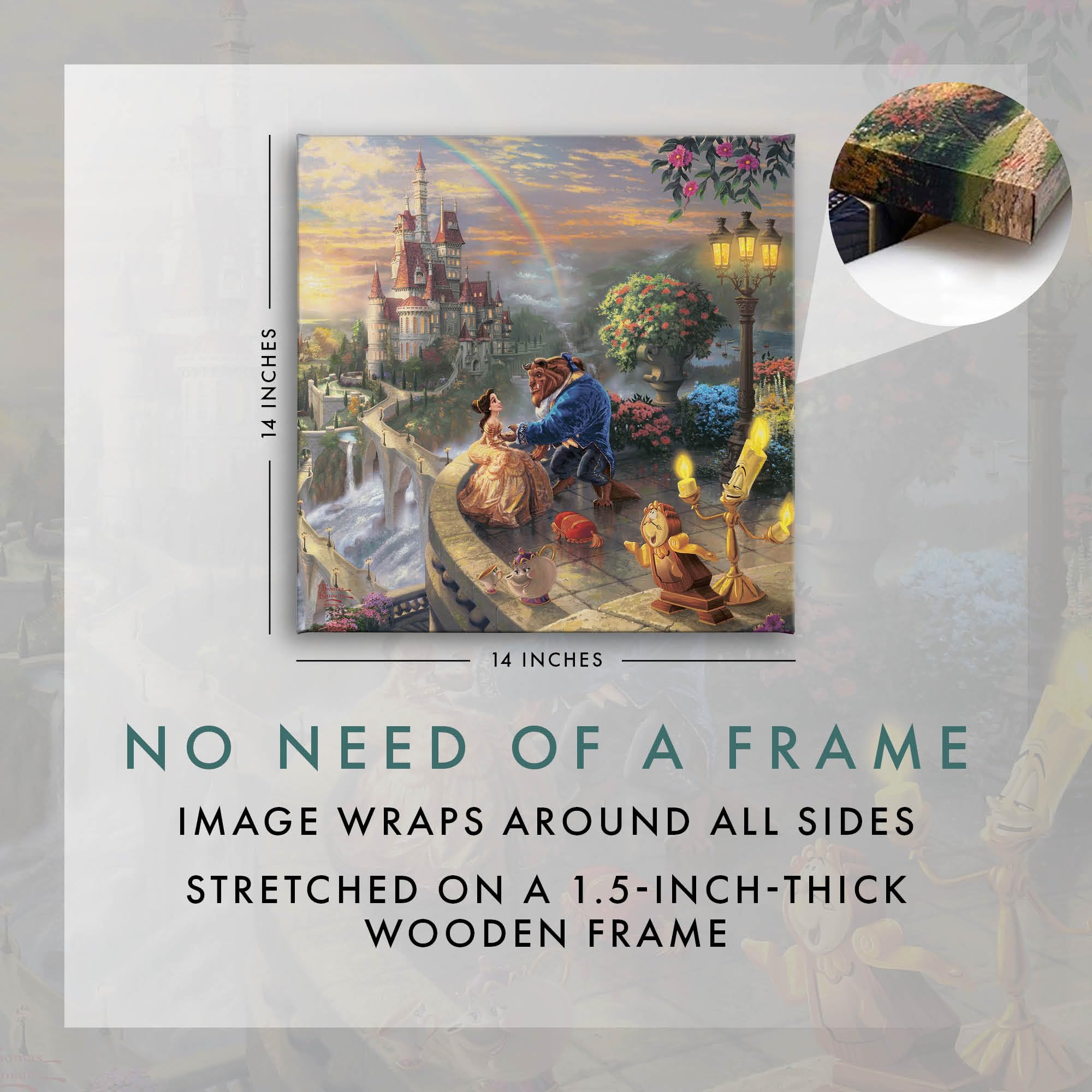 Thomas Kinkade Disney Beauty And The Beast Falling In Love Gallery Wrapped Canvas Art | Frameless Wall Art Decor | Certificate O