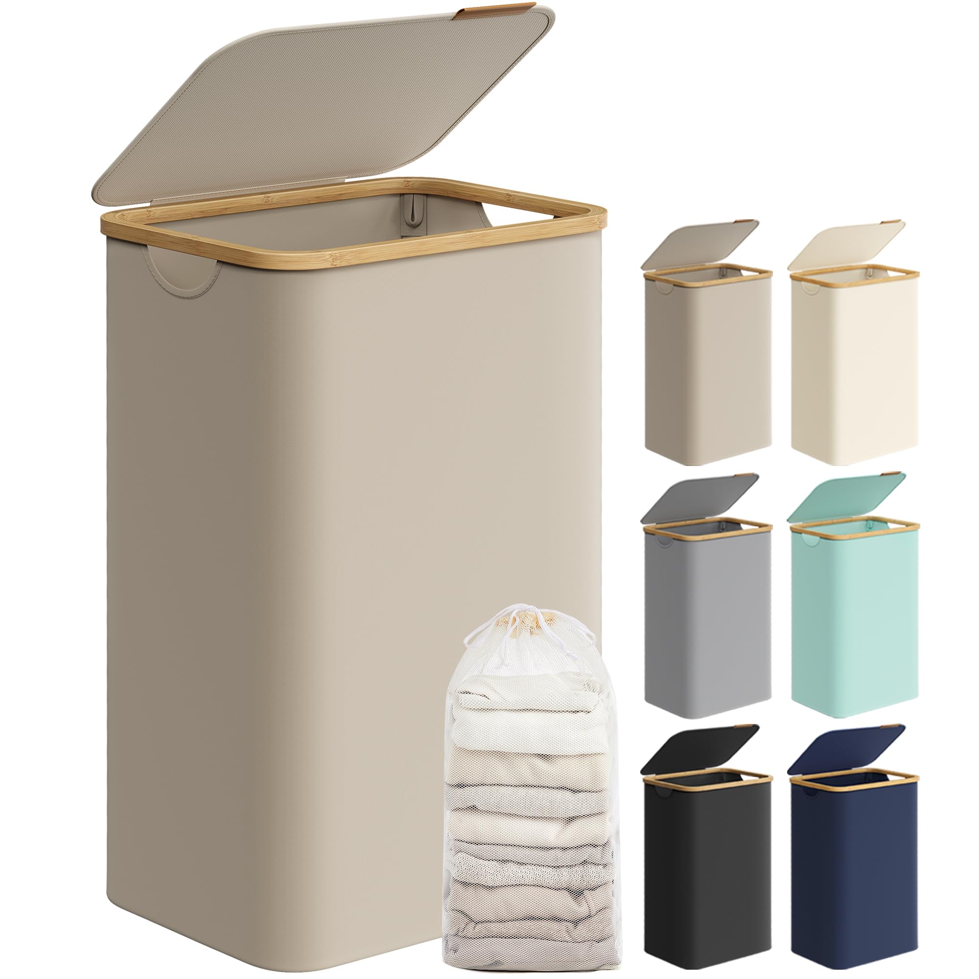 Songmics Laundry Hamper With Lid, Large Laundry Basket, 23.8 Gallons (90L), Removable Mesh Liner, Bamboo Handles, Collapsible, 1