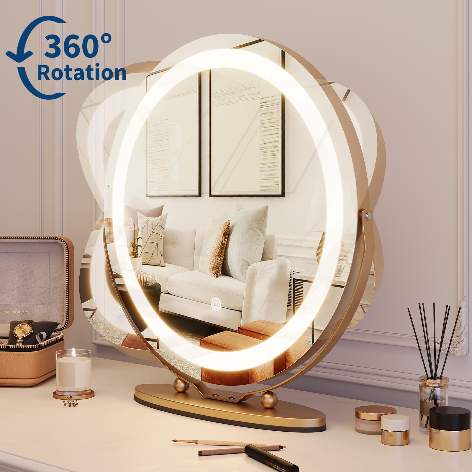 Garveehome 19 Inch Vanity Mirror With Lights, Round Large Led Vanity Mirror With Smart Touch 3 Colors Dimmable, Touch Lighting,