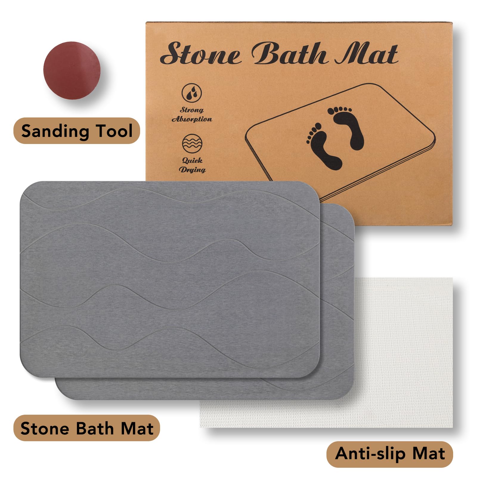 Jizeuo Stone Bath Mat, Diatomaceous Earth Shower Mat, Non-Slip Super Absorbent Quick Drying Bathroom Floor Mat, 2Pack,Grey, Patt