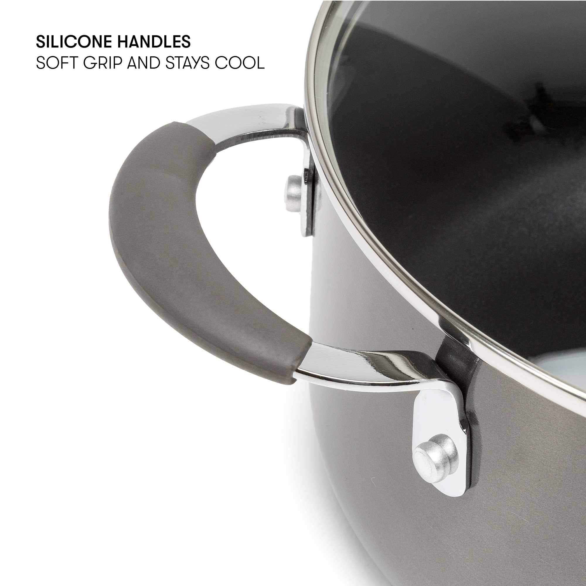 Cooking Light Allure Non-Stick Ceramic Cookware with Silicone Stay Cool Handle, 12 Piece Set, Charcoal