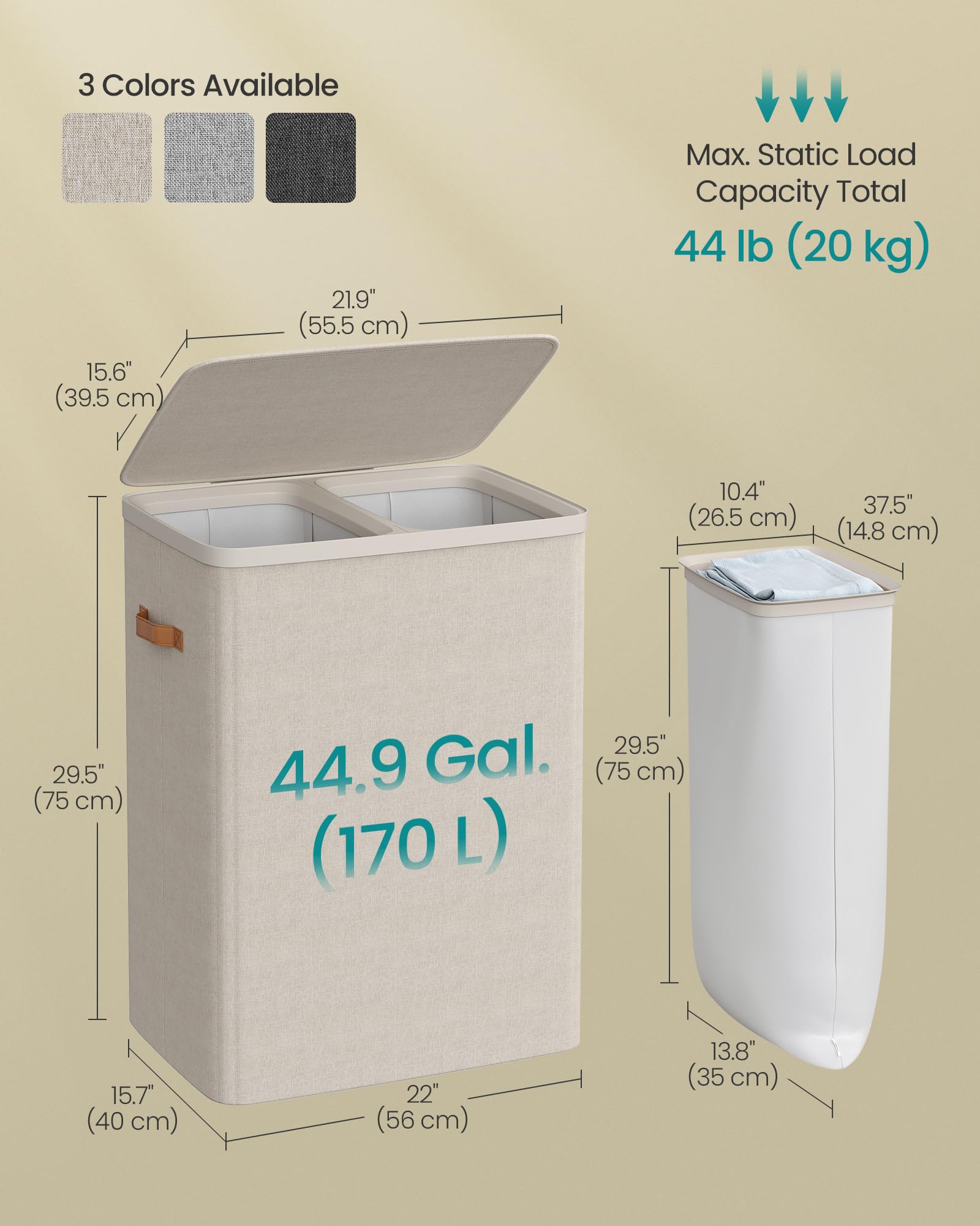 Songmics Laundry Basket, 44.9 Gal. Laundry Hamper, 2 Compartments, Easy Assembly, With Lid And Handles, Removable Liners, 22 X 1