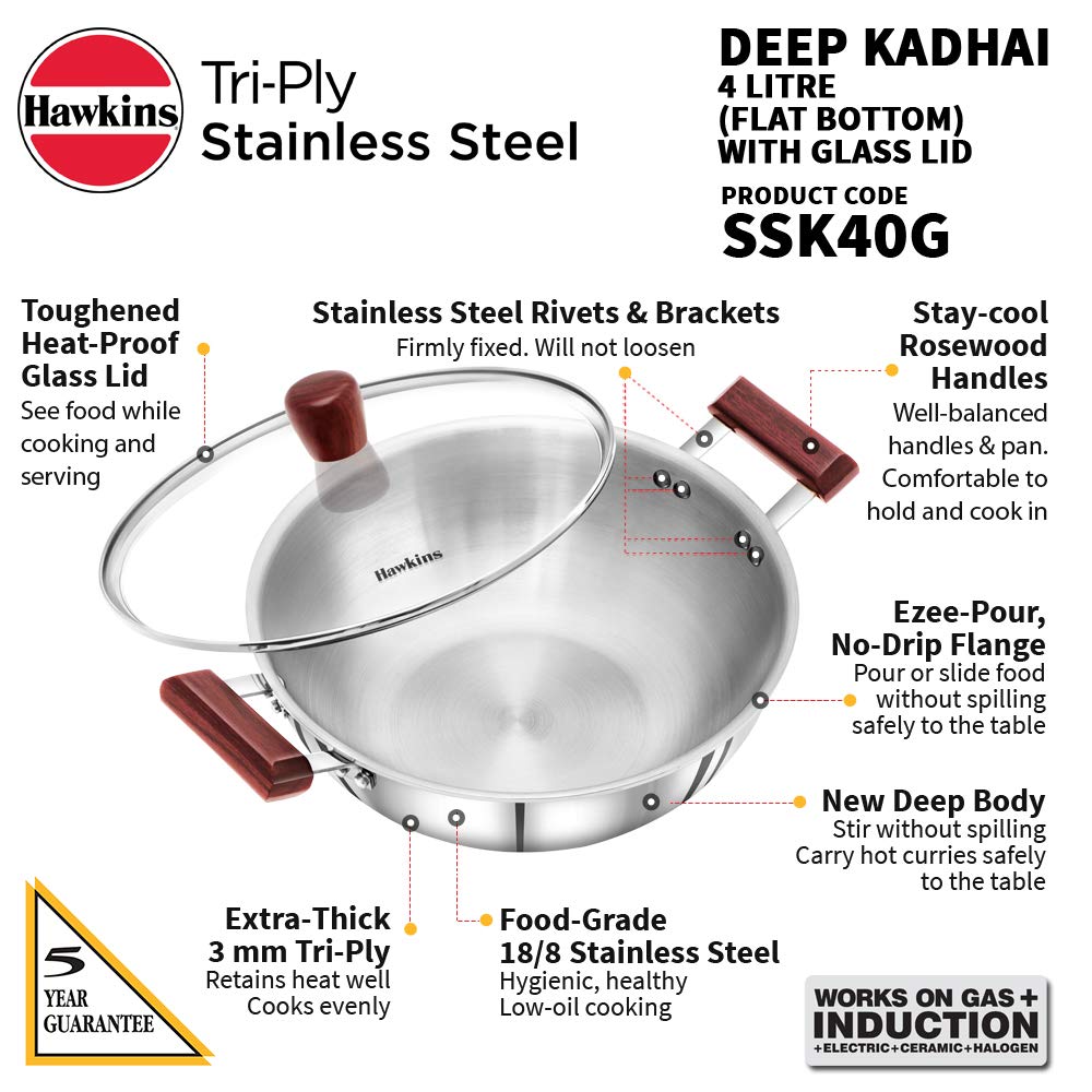 Hawkins 4 Litre Deep Kadhai, Triply Stainless Steel Kadai With Glass Lid, Flat Bottom Induction Kadhai, Big Kadai, Silver (Ssk40