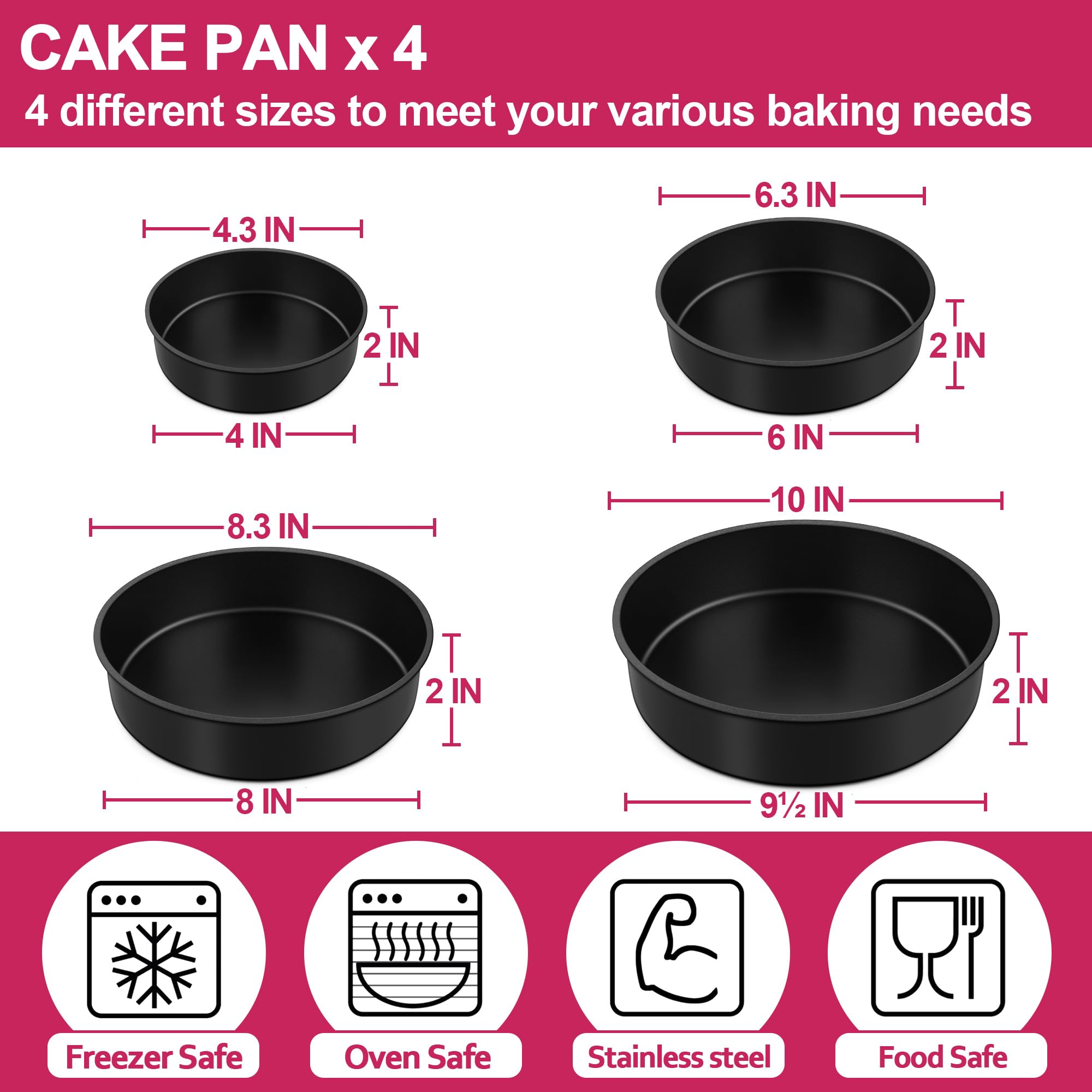 E-Far Cake Pan Set Of 4 (4 Inch/6 Inch/8 Inch/9 Inch), Nonstick Round Baking Cake Pans For Tier Birthday Wedding Cake, Stainless