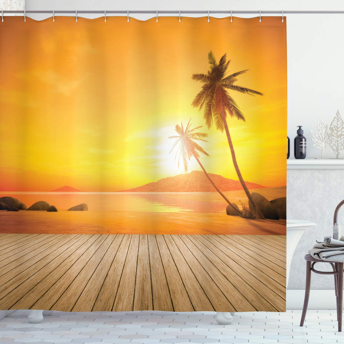 Ambesonne Ocean Shower Curtain, Sunset Over The Ocean With Palm Tree And Wooden Deck Horizon View Image Tropical, Cloth Fabric B