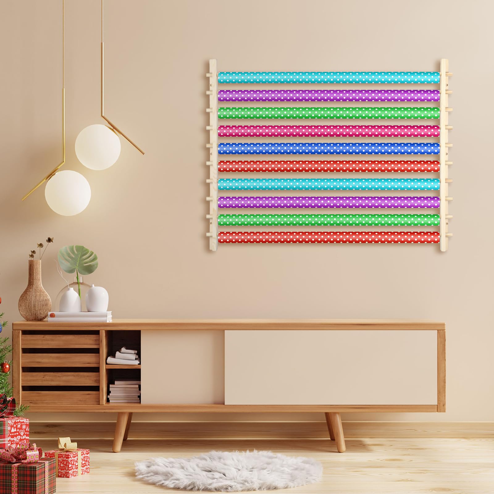 Kigley 10 Tier Ribbon Holder Organizer Rack Wood Wrapping Paper Display Rack Large Gift Wrapping Paper Storage Organizer Easy Wa