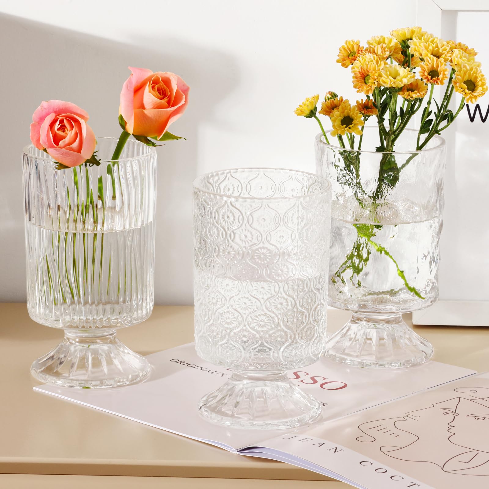Fixwal Vases for Flowers Set of 3 Glass Vase for Centerpieces, Embossed Base Vases for Wedding Decoration (H:7 D:4), Vintage Gla