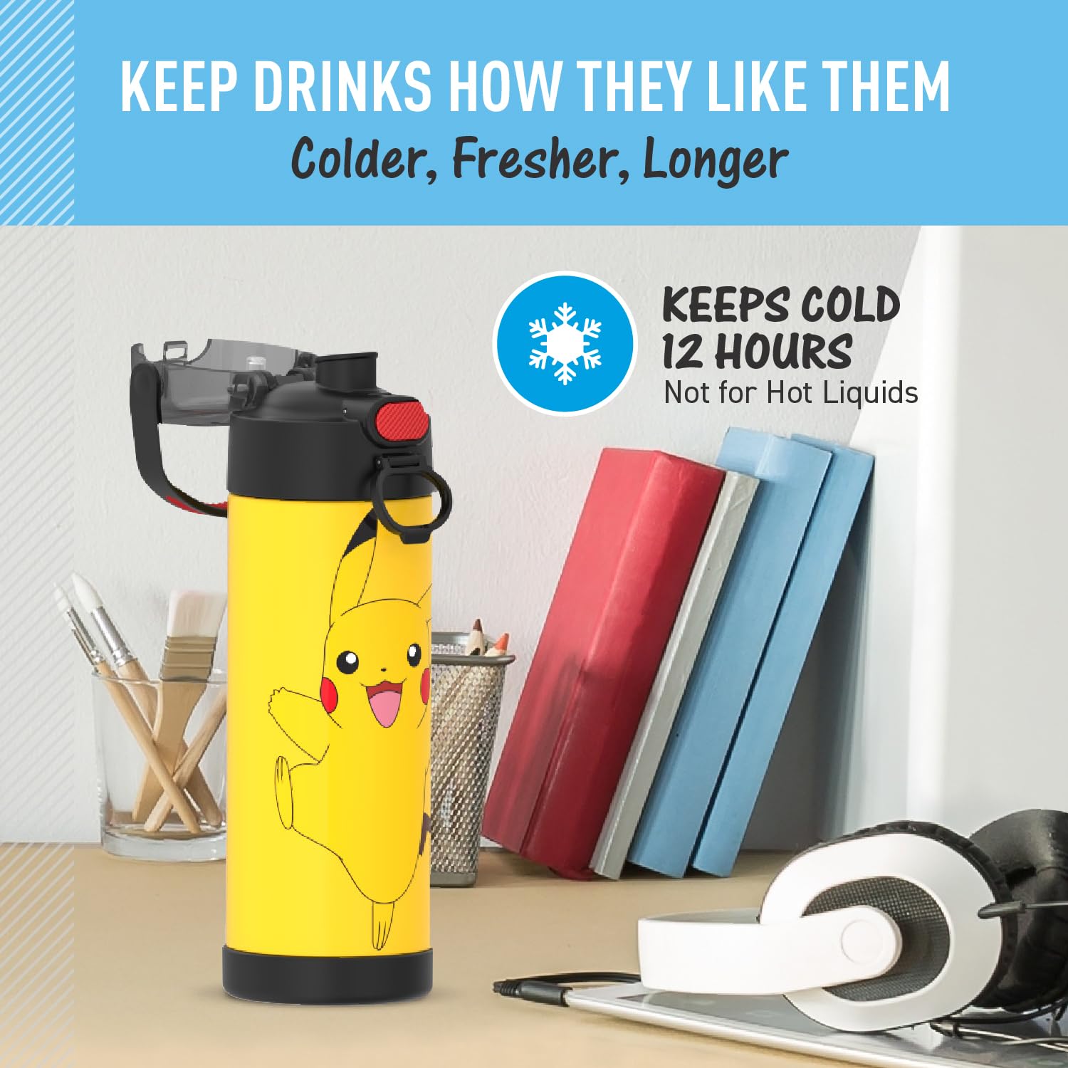 THERMOS FUNTAINER 16 oz Stainless Steel Vacuum Insulated Bottle, Wide Spout Lid, Pokemon