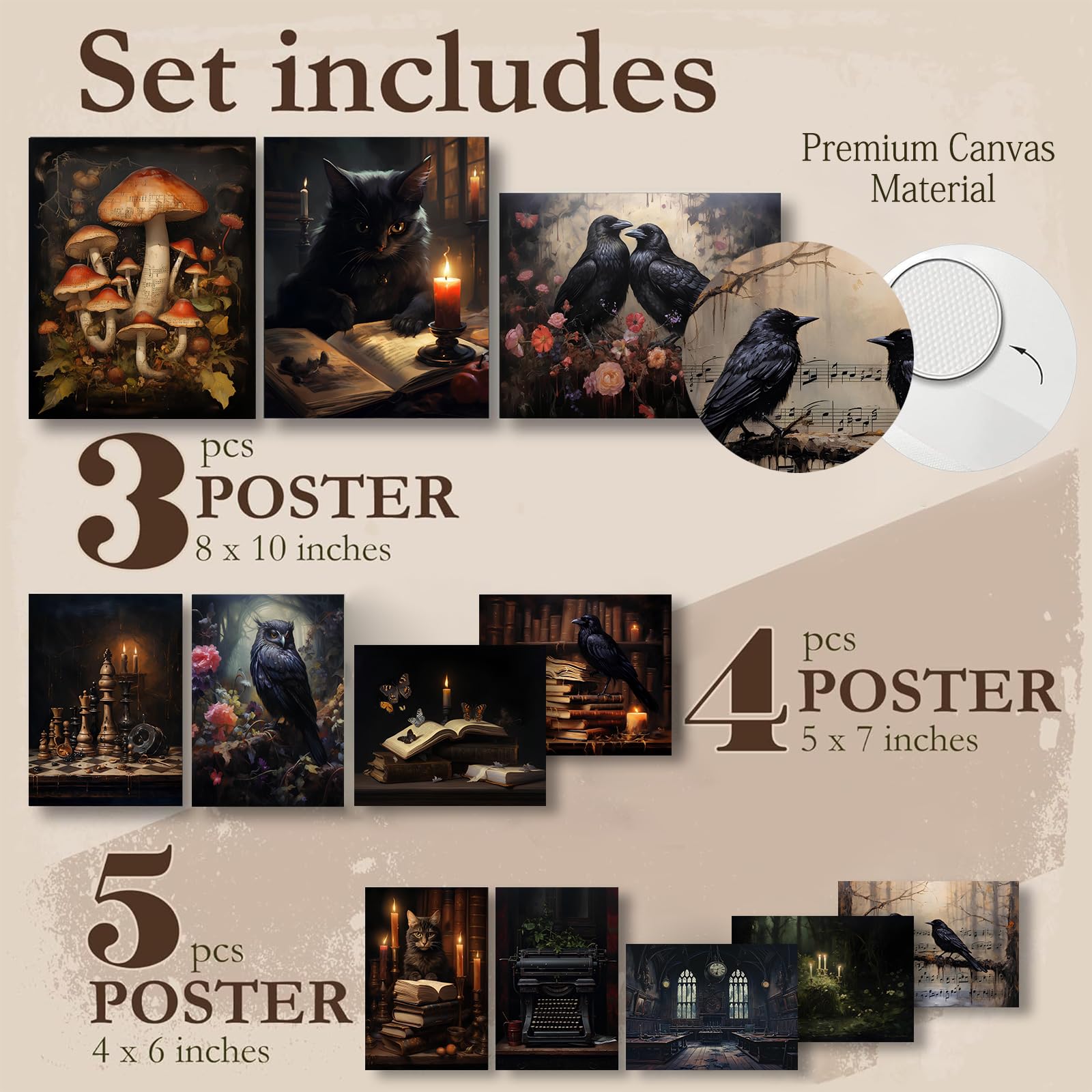 Dark Academia Decor,Victorian Gothic Wall Decor For Bedroom,Dark Academia Wall Art Goth Posters,Dark Raven Art Prints Canvas,Moo