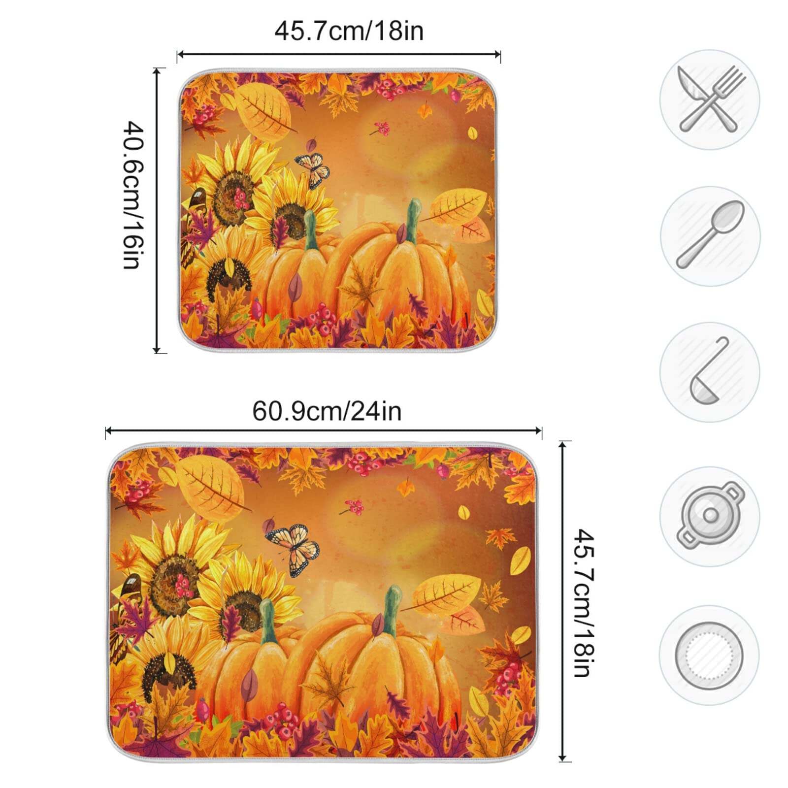 Kcldeci Autumn Fall Dish Drying Mat 18x24 inch Pumpkin Fall Leaves Butterfly Drying Pad Dish Drainer Mat Protector for Kitchen Countertops Counter