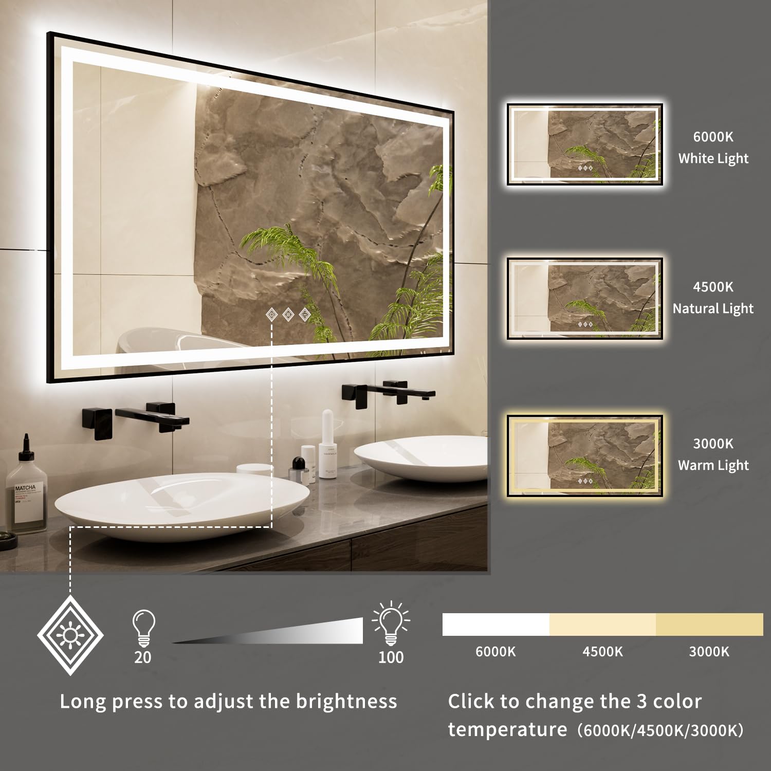 Vanpokins Led Mirror For Bathroom, 60X32 Inch Black Framed Gradient Front And Backlit Lighted Mirror, 3 Colors Dimmable Cri>90,