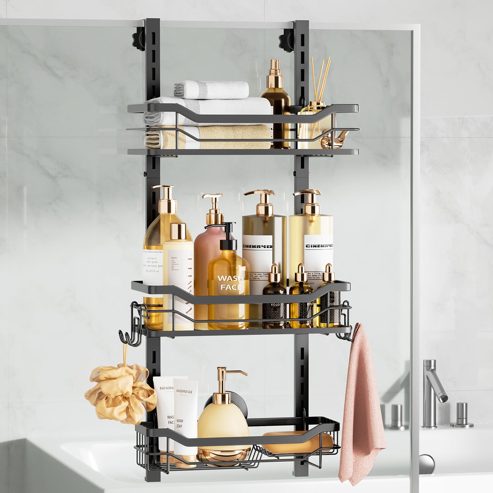LEVERLOC Over The Door Shower Caddy, Shelf Distance Adjustable Hanging Rack Sturdy Rust Proof Bathroom Shelves with Strong Sucti