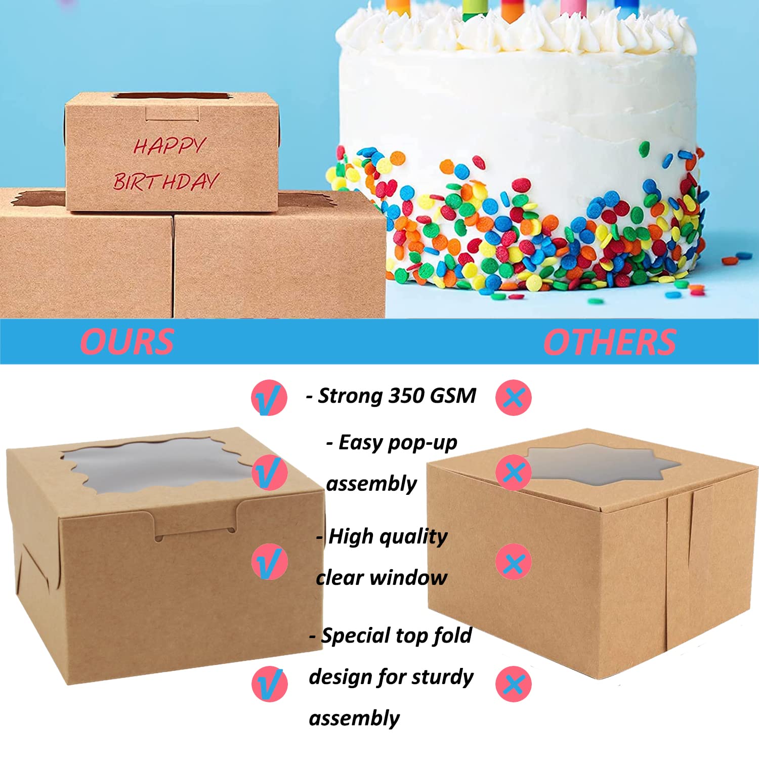 OAMCEG 100 PCS Bakery Boxes with Window and Stickers 4x4x3 Inch Individual Cupcake Boxes Pastry Boxes Cookie Boxes Small Cake Boxes Carrier Holders Containers for Packaging  Mini Dessert Boxes