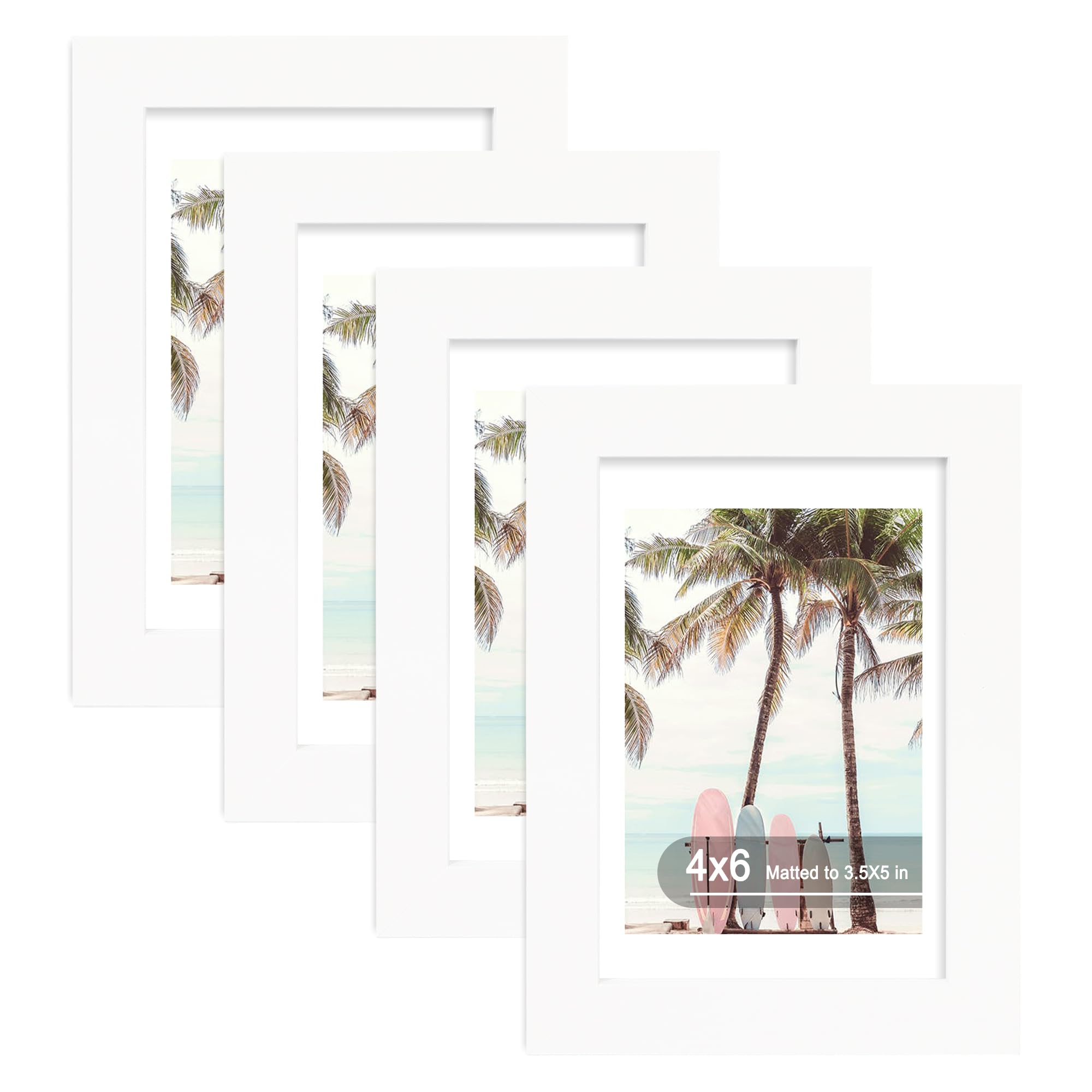 Hongkee 4x6 Picture Frame (4 Pack, White), Made of Real Glass and Wooden Frame - Display Pictures 3.5x5 with Mat or 4x6 Without 